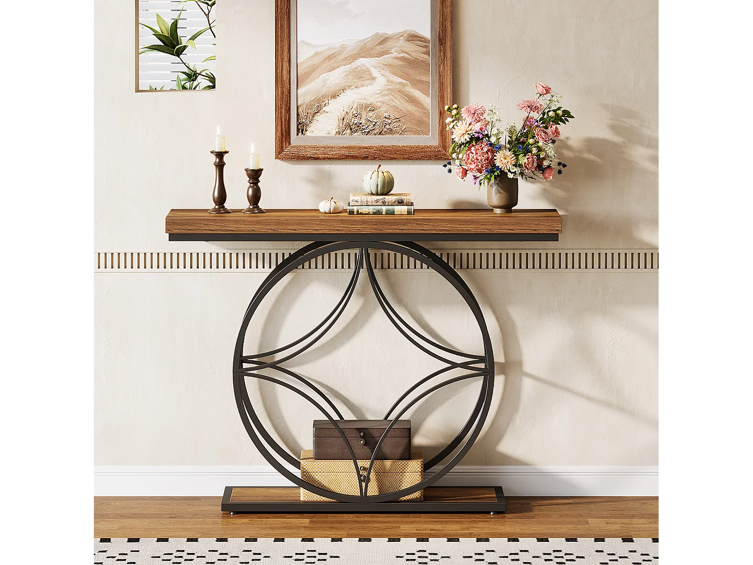 Consoletafel van 120 cm, industriële salontafel met twee lagen en geometrisch metalen frame, smalle accenttafels voor in de hal