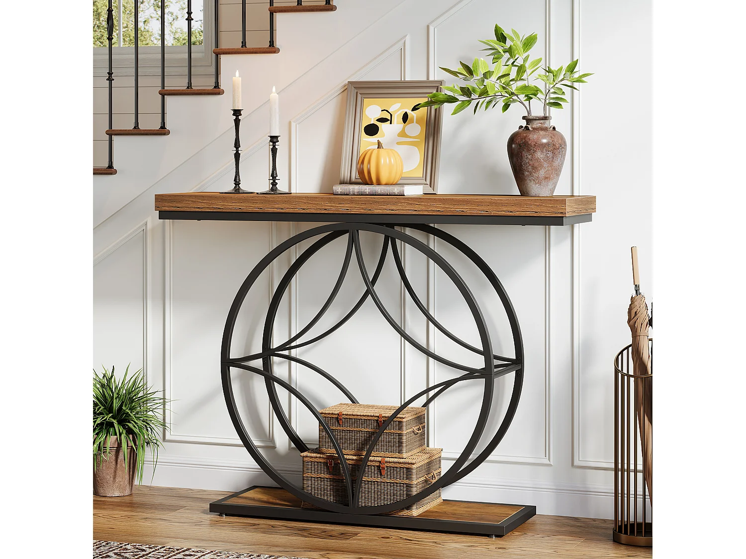 Consoletafel van 120 cm, industriële salontafel met twee lagen en geometrisch metalen frame, smalle accenttafels voor in de hal