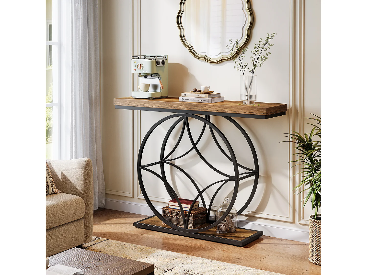 Consoletafel van 120 cm, industriële salontafel met twee lagen en geometrisch metalen frame, smalle accenttafels voor in de hal