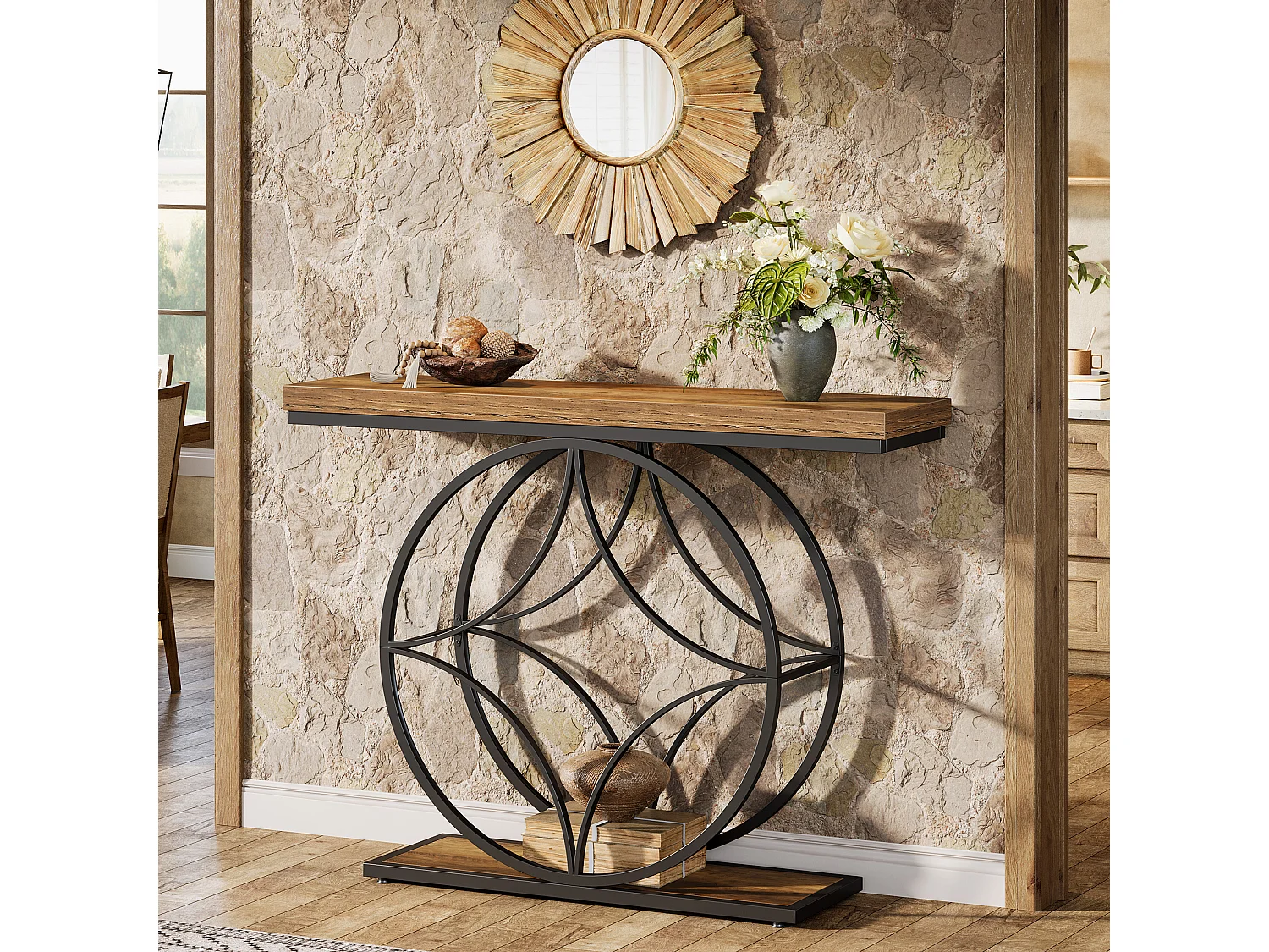 Consoletafel van 120 cm, industriële salontafel met twee lagen en geometrisch metalen frame, smalle accenttafels voor in de hal