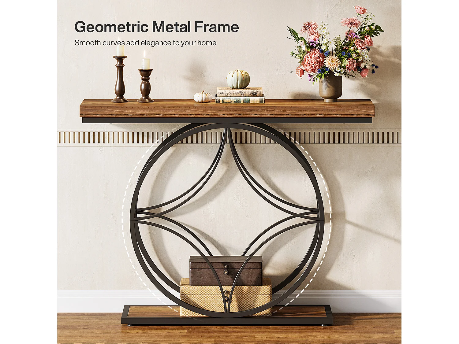 Consoletafel van 120 cm, industriële salontafel met twee lagen en geometrisch metalen frame, smalle accenttafels voor in de hal