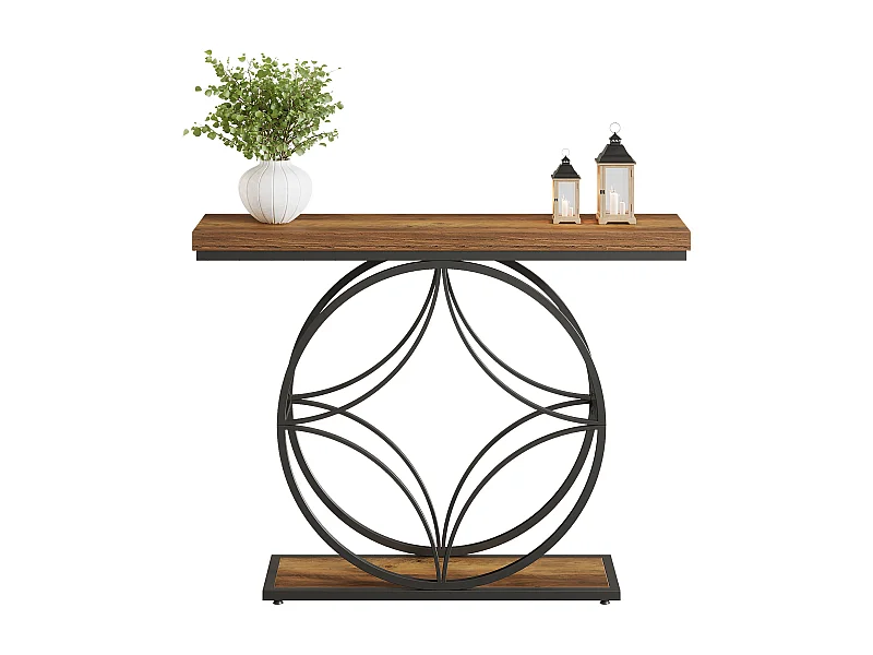 Consoletafel van 120 cm, industriële salontafel met twee lagen en geometrisch metalen frame, smalle accenttafels voor in de hal