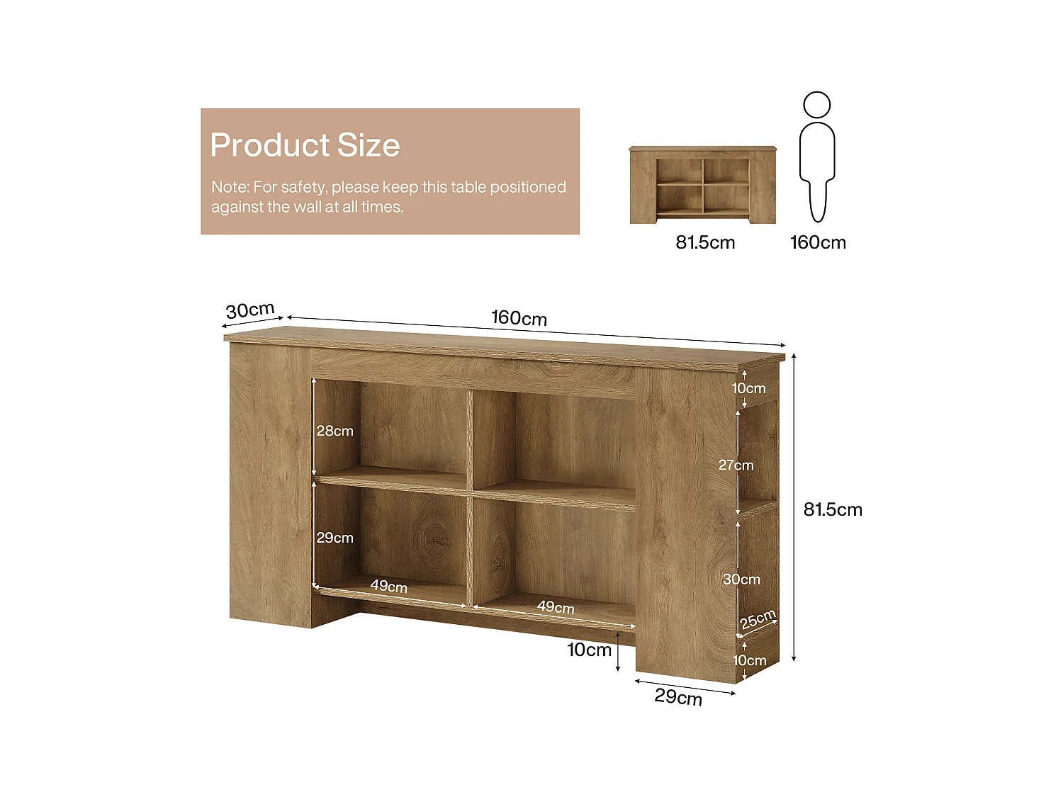 Console avec rangement, table d'entrée en bois de style ferme de 160 cm