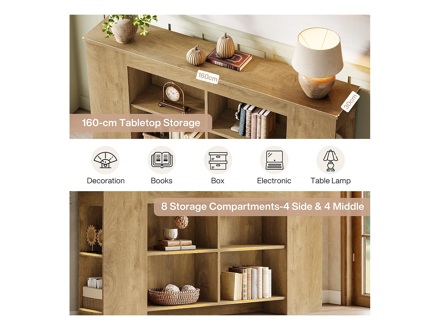 Console avec rangement, table d'entrée en bois de style ferme de 160 cm