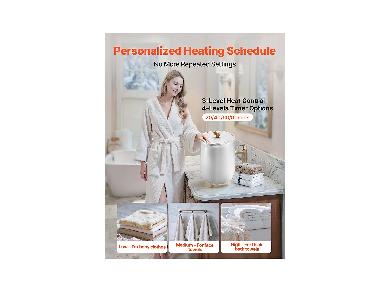Chauffe Serviettes 20 L SucceBuy, Seau Sèche-serviettes pour Salle de Bain, avec Réglage de la Température, Minuterie 20/40/60/90 min et Voyant LED