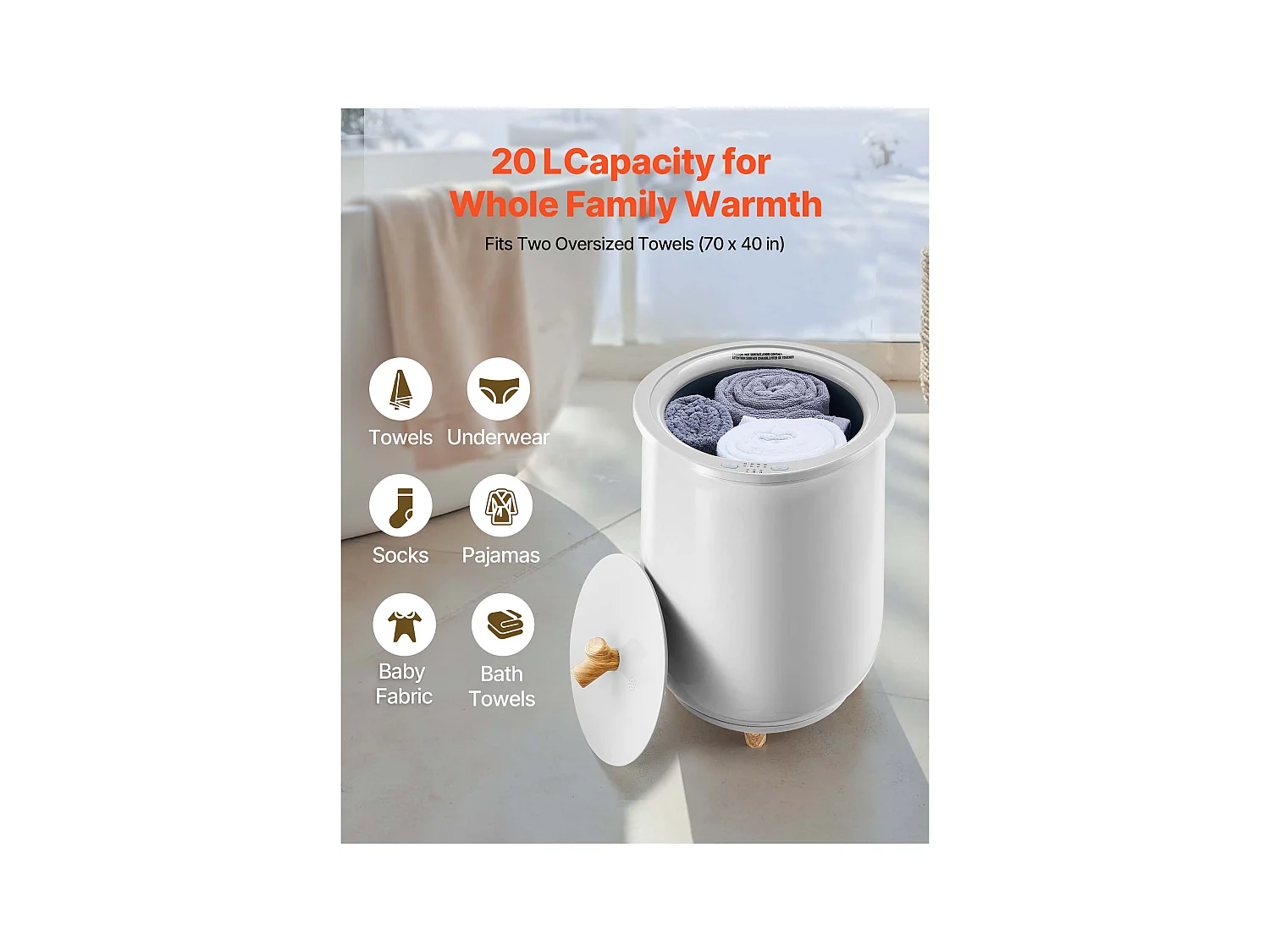 Chauffe Serviettes 20 L SucceBuy, Seau Sèche-serviettes pour Salle de Bain, avec Réglage de la Température, Minuterie 20/40/60/90 min et Voyant LED