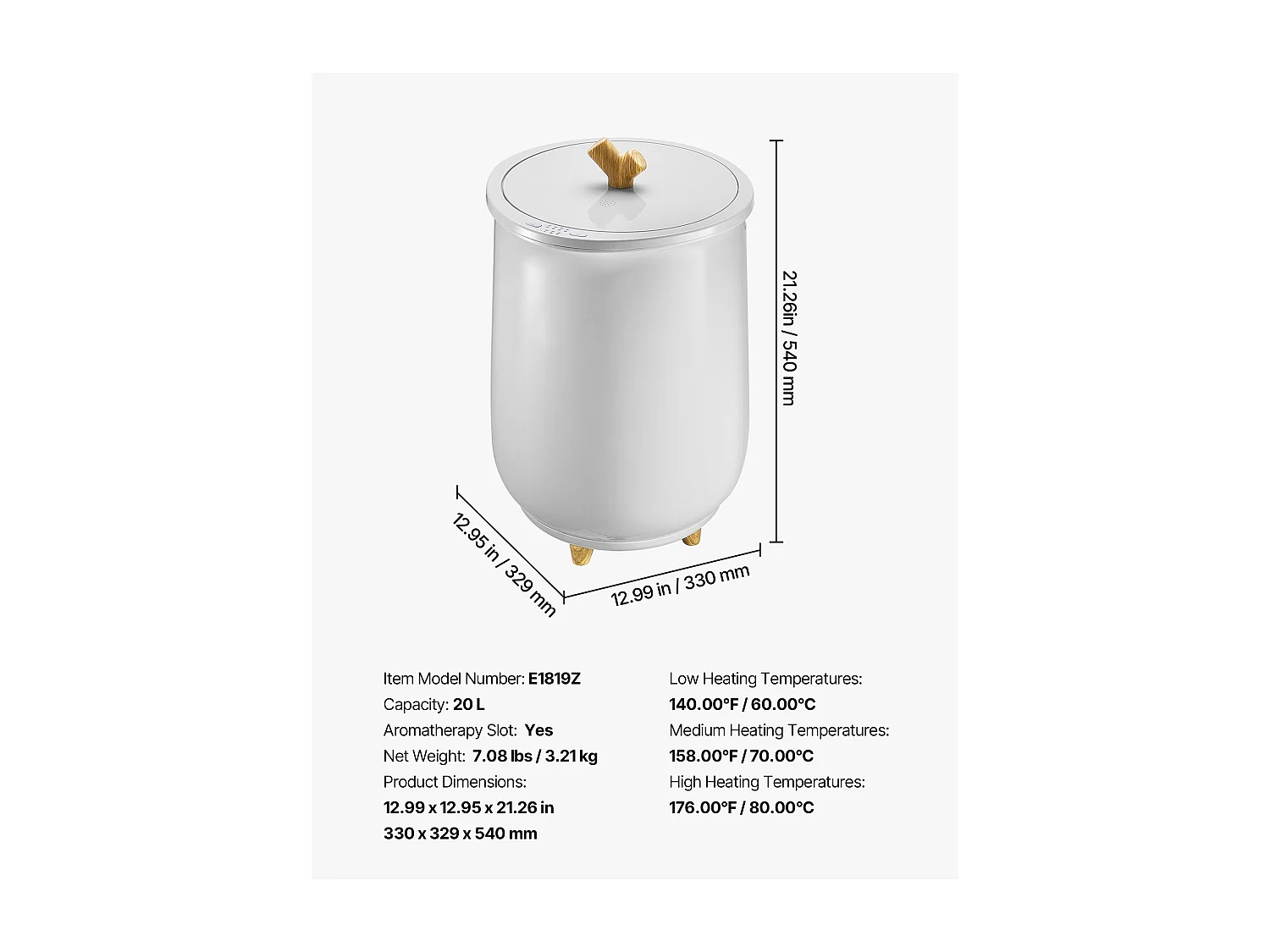 Chauffe Serviettes 20 L SucceBuy, Seau Sèche-serviettes pour Salle de Bain, avec Réglage de la Température, Minuterie 20/40/60/90 min et Voyant LED