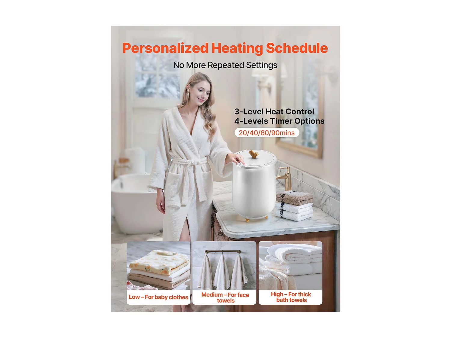 Chauffe Serviettes 20 L SucceBuy, Seau Sèche-serviettes pour Salle de Bain, avec Réglage de la Température, Minuterie 20/40/60/90 min et Voyant LED