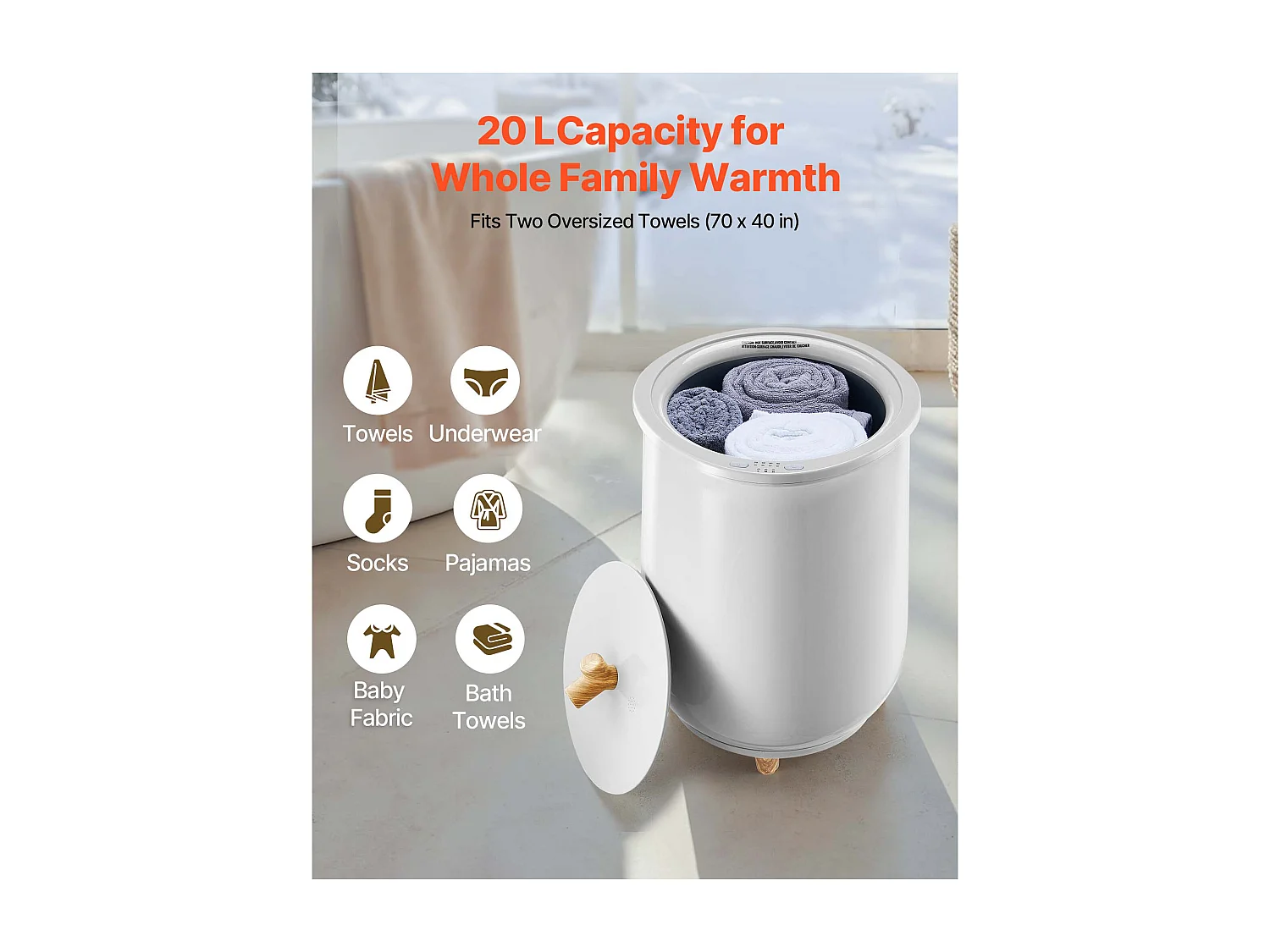 Chauffe Serviettes 20 L SucceBuy, Seau Sèche-serviettes pour Salle de Bain, avec Réglage de la Température, Minuterie 20/40/60/90 min et Voyant LED