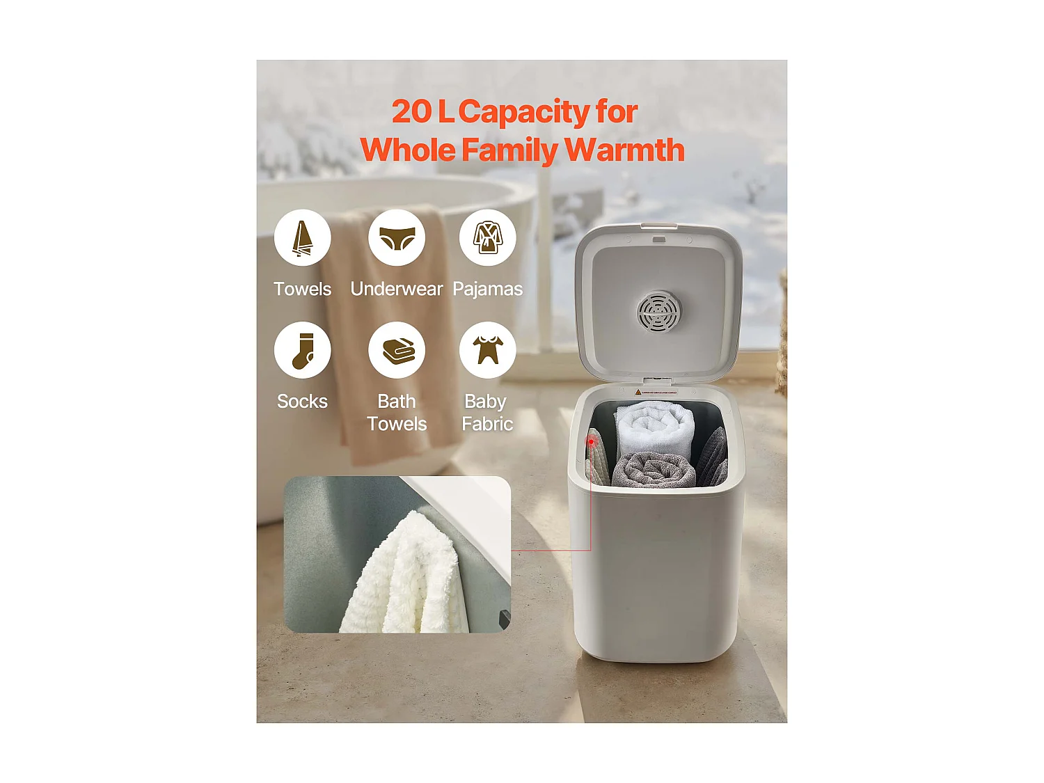 Chauffe Serviettes 20 L SucceBuy, Seau Sèche-serviettes pour Salle de Bain, avec Écran LED, Réglage de la Température, Minuterie et Verrou de Sécurité