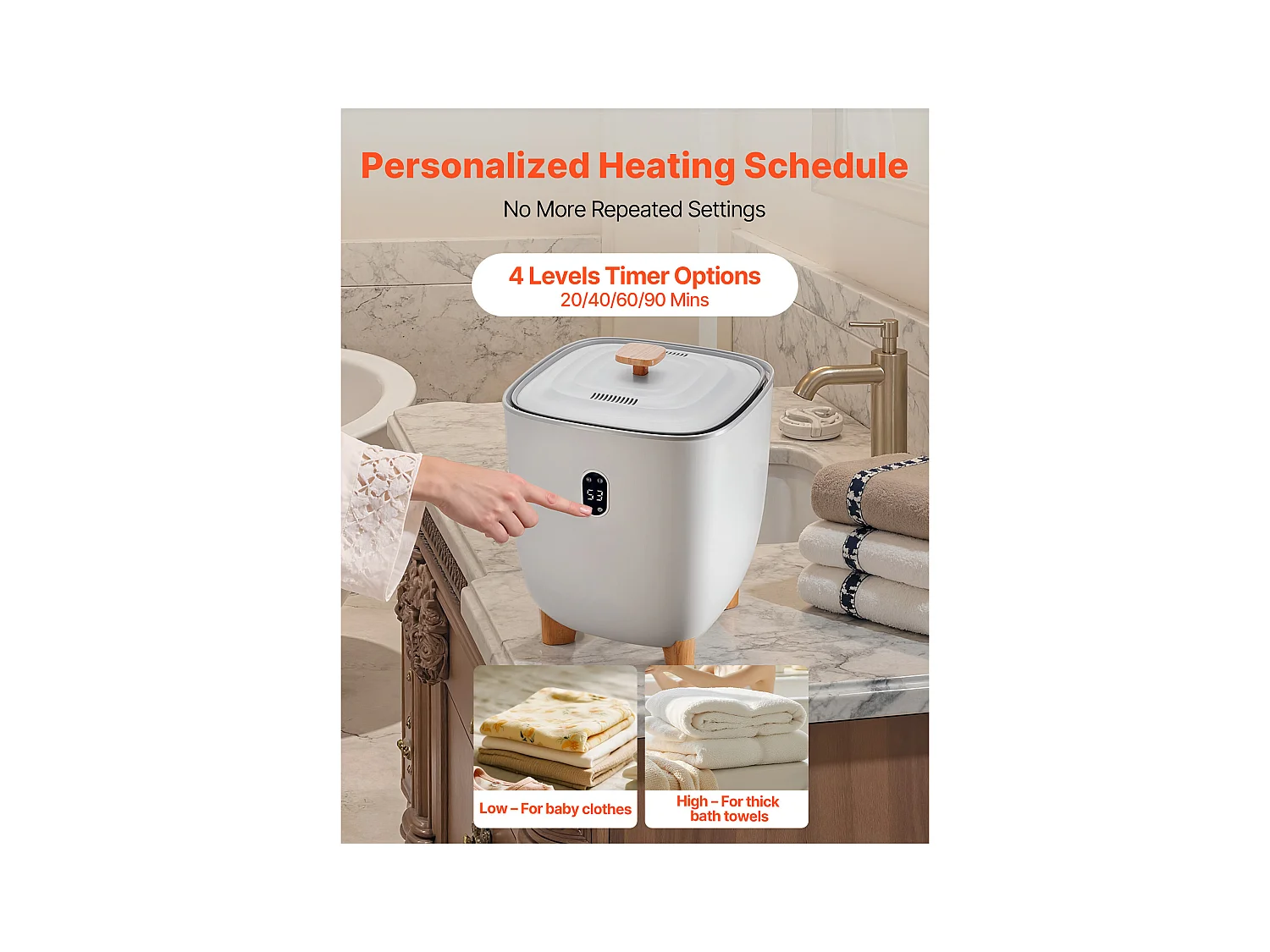 Chauffe Serviettes SucceBuy 25 L, Seau Sèche-serviettes pour Salle de Bain, avec Écran LED, Réglage de la Température et Minuterie 20/40/60/90 min