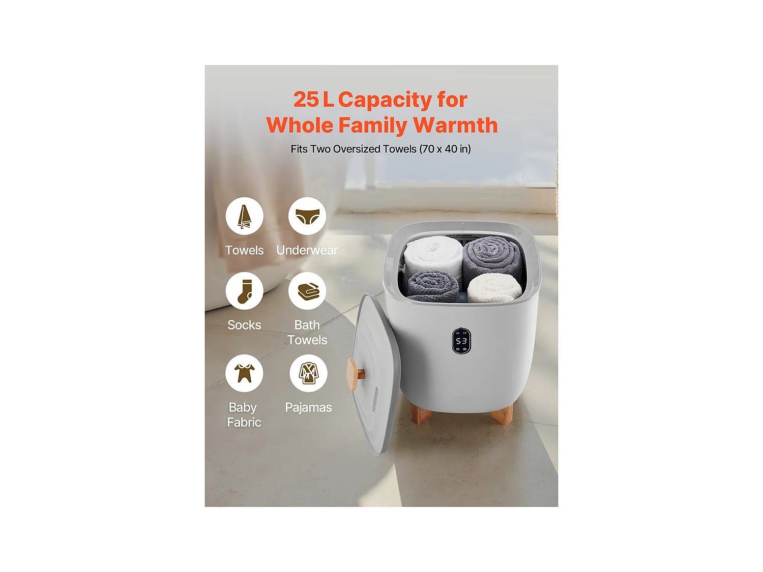 Chauffe Serviettes SucceBuy 25 L, Seau Sèche-serviettes pour Salle de Bain, avec Écran LED, Réglage de la Température et Minuterie 20/40/60/90 min