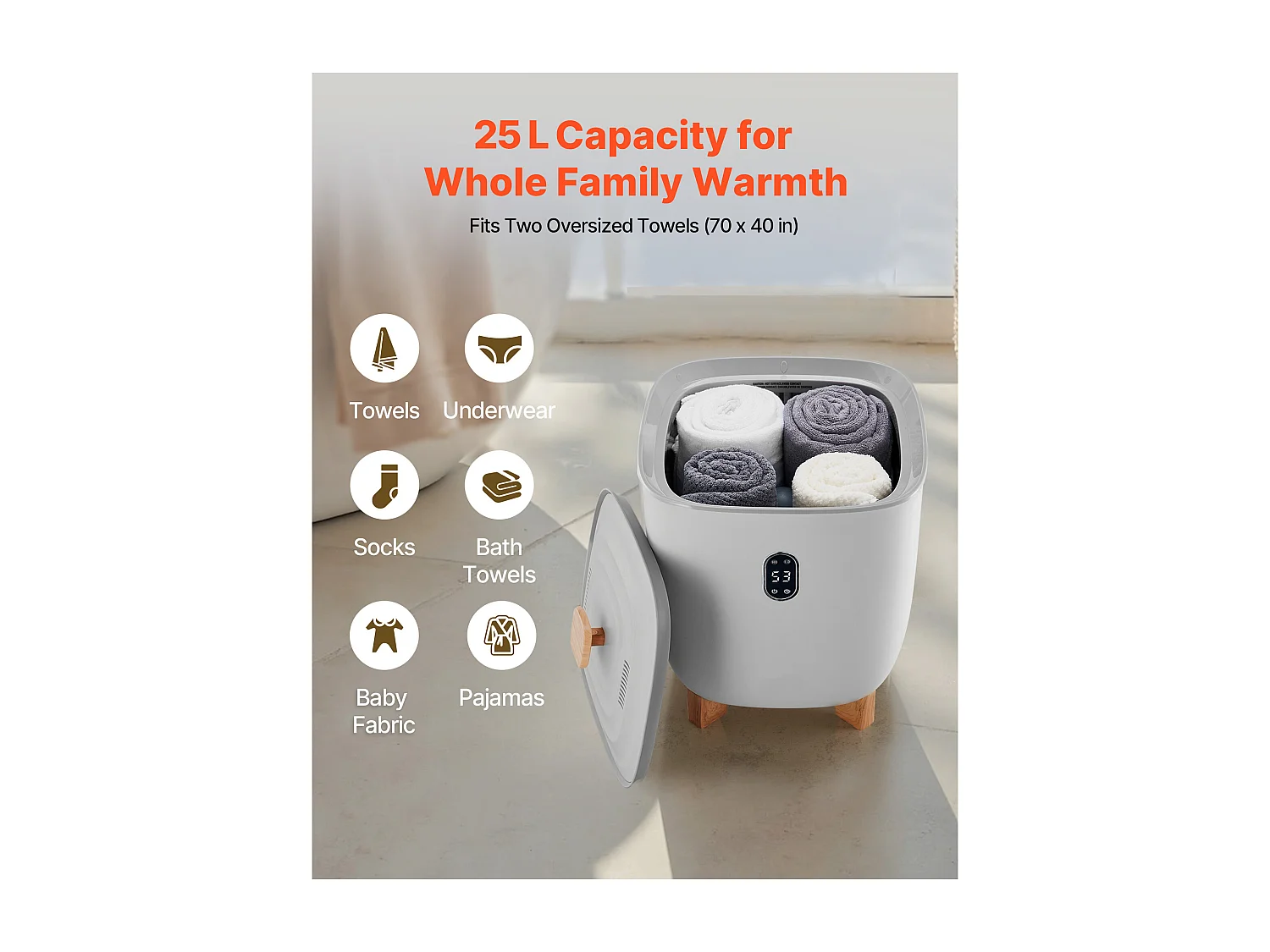 Chauffe Serviettes SucceBuy 25 L, Seau Sèche-serviettes pour Salle de Bain, avec Écran LED, Réglage de la Température et Minuterie 20/40/60/90 min