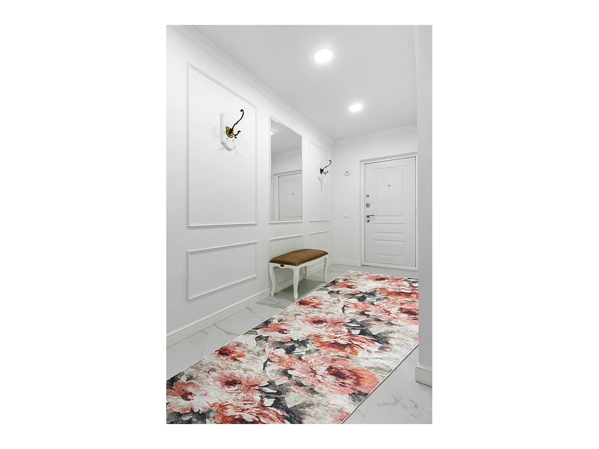 TAPIS DE COULOIR antidérapant LOTUS BOUQUET 52900 Fleurs beige / lava 80x410 cm