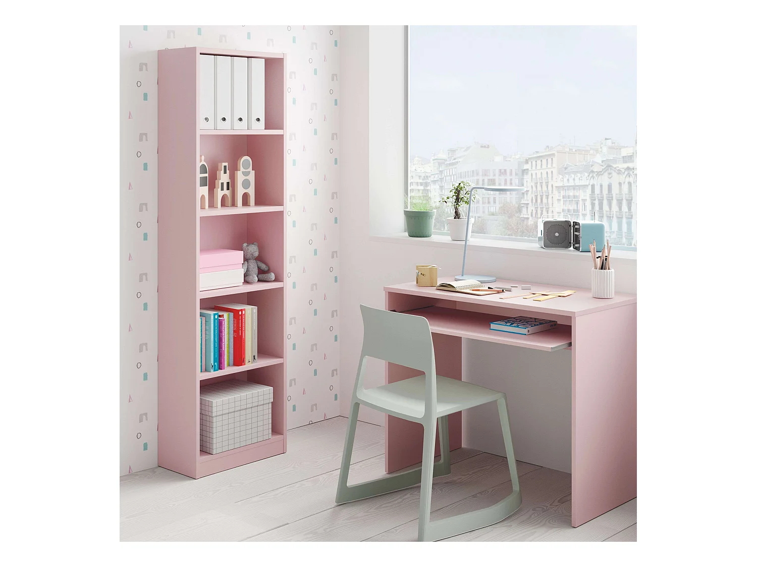Pack Muebles Estudio I-Joy Rosa: Escritorio + Estantería Juvenil Infantil