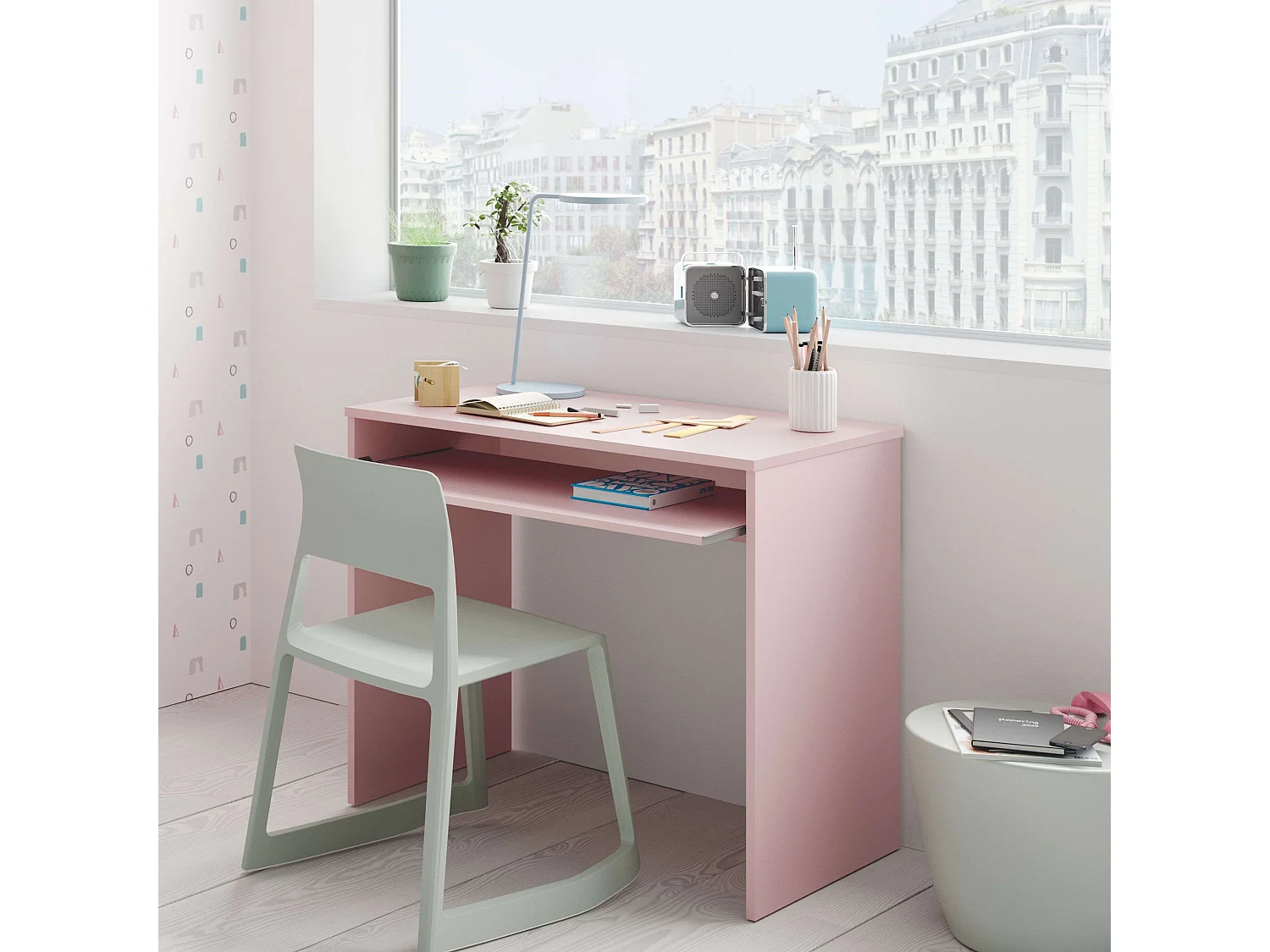 Pack Muebles Estudio I-Joy Rosa: Escritorio + Estantería Juvenil Infantil