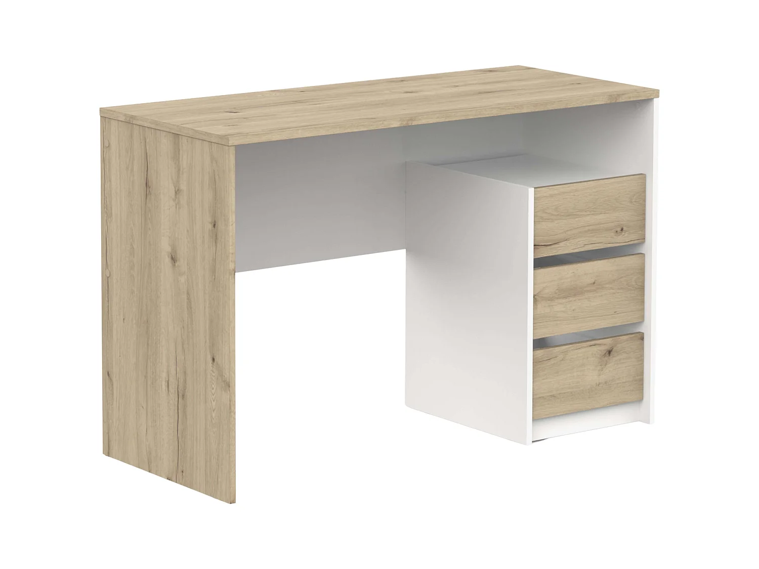 Bureau Harison en chêne/blanc, 3 tiroirs, 117 x 77 x 50 cm
