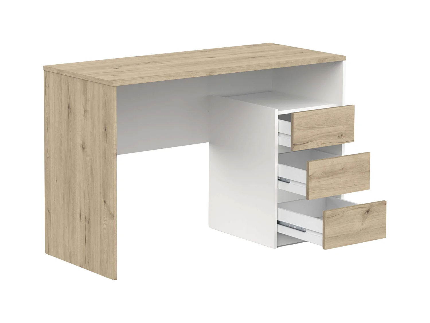 Bureau Harison en chêne/blanc, 3 tiroirs, 117 x 77 x 50 cm