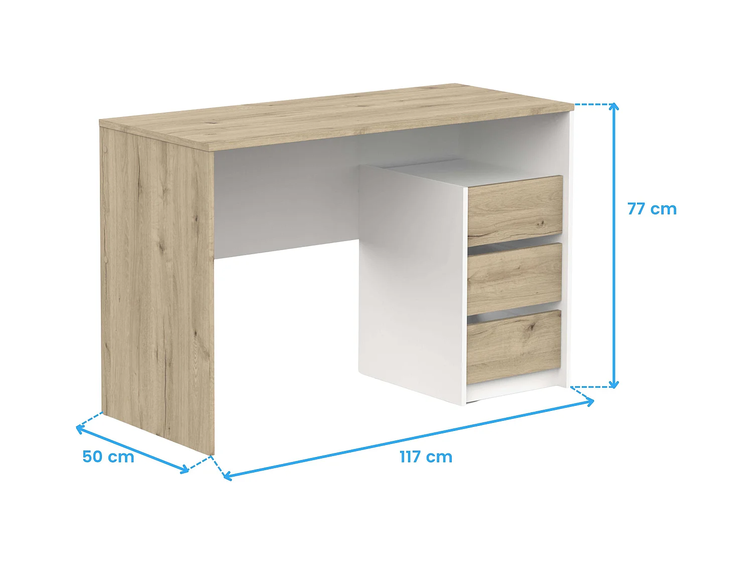 Bureau Harison en chêne/blanc, 3 tiroirs, 117 x 77 x 50 cm