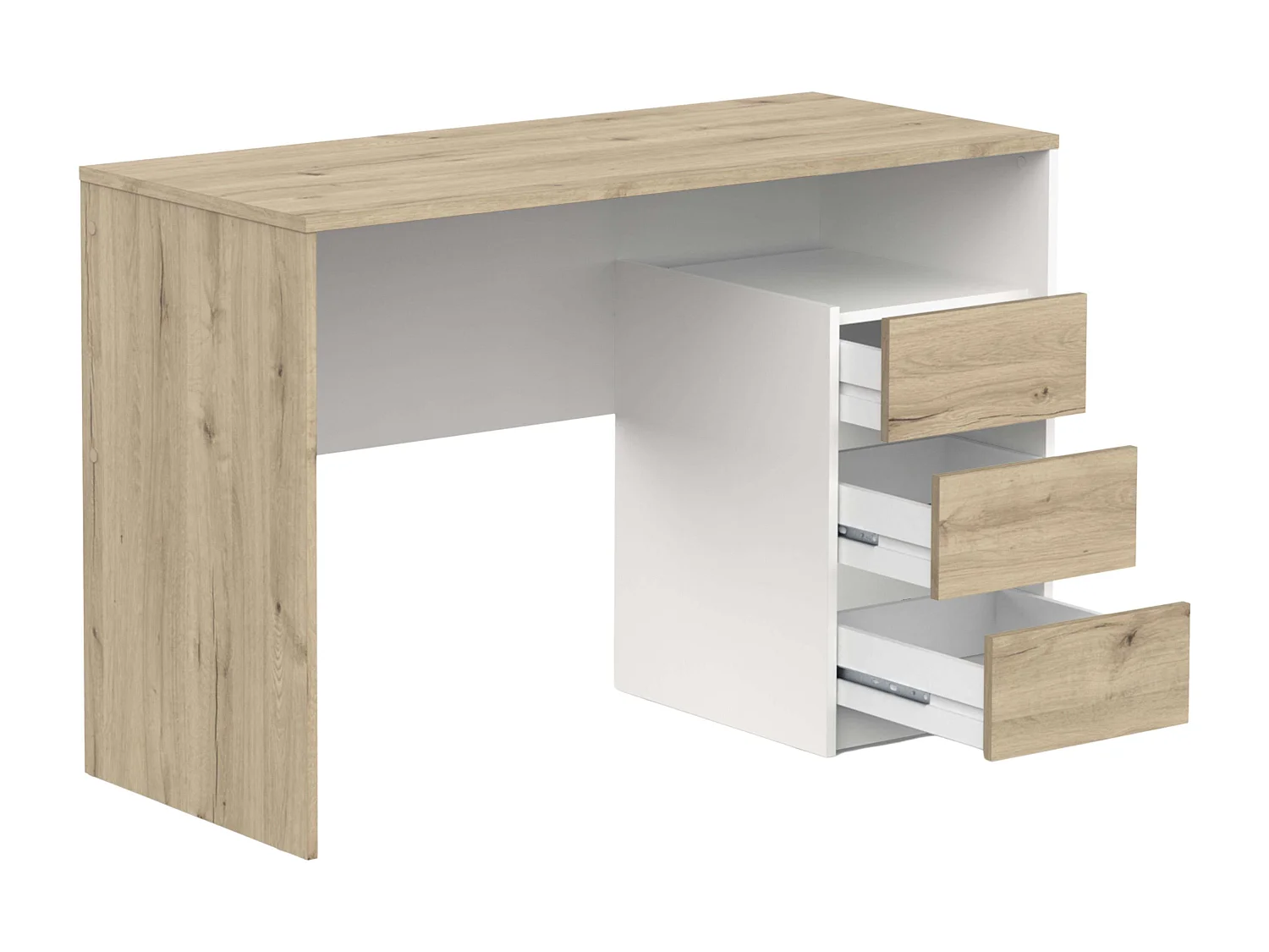 Bureau Harison en chêne/blanc, 3 tiroirs, 117 x 77 x 50 cm