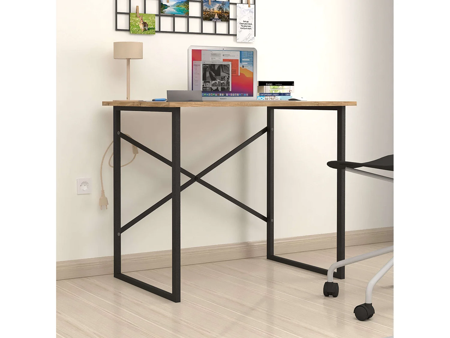 Table de bureau industrielle Rus en chêne et noir 90 cm
