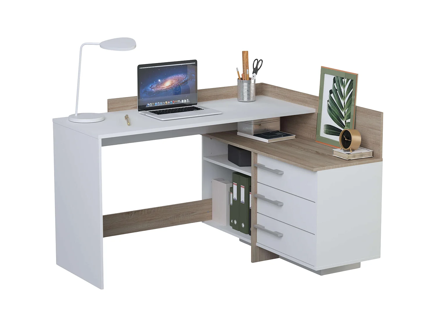 Mesa Escritorio con Cajonera Blanco Perla y Roble Cepillado 128 cm