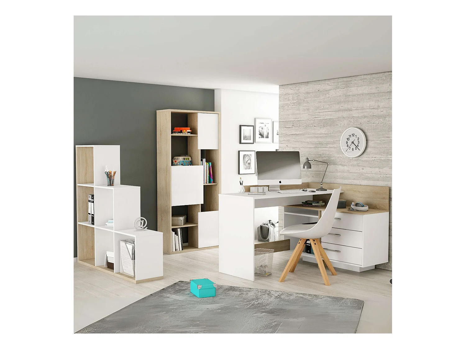 Mesa Escritorio con Cajonera Blanco Perla y Roble Cepillado 128 cm