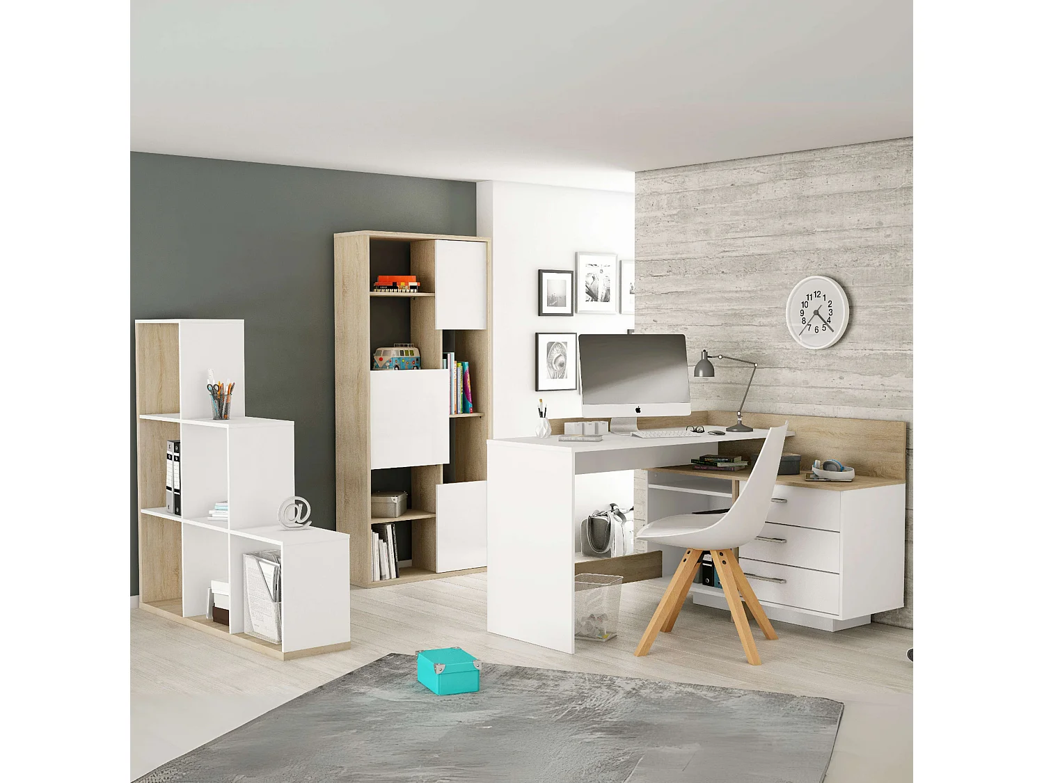 Mesa Escritorio con Cajonera Blanco Perla y Roble Cepillado 128 cm