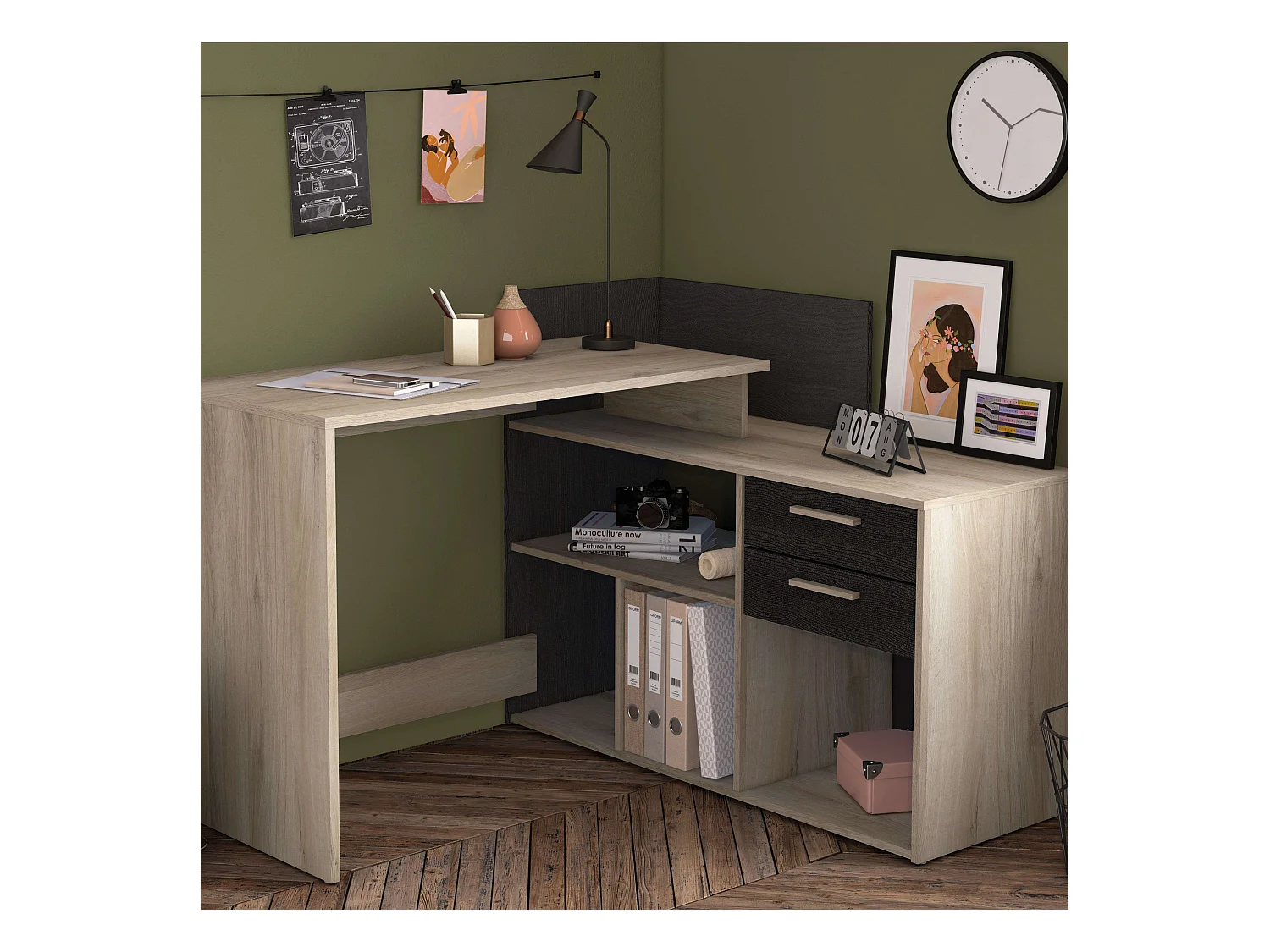 Mesa Escritorio Reversible Melamina Roble/Negro 121cm Estilo Moderno