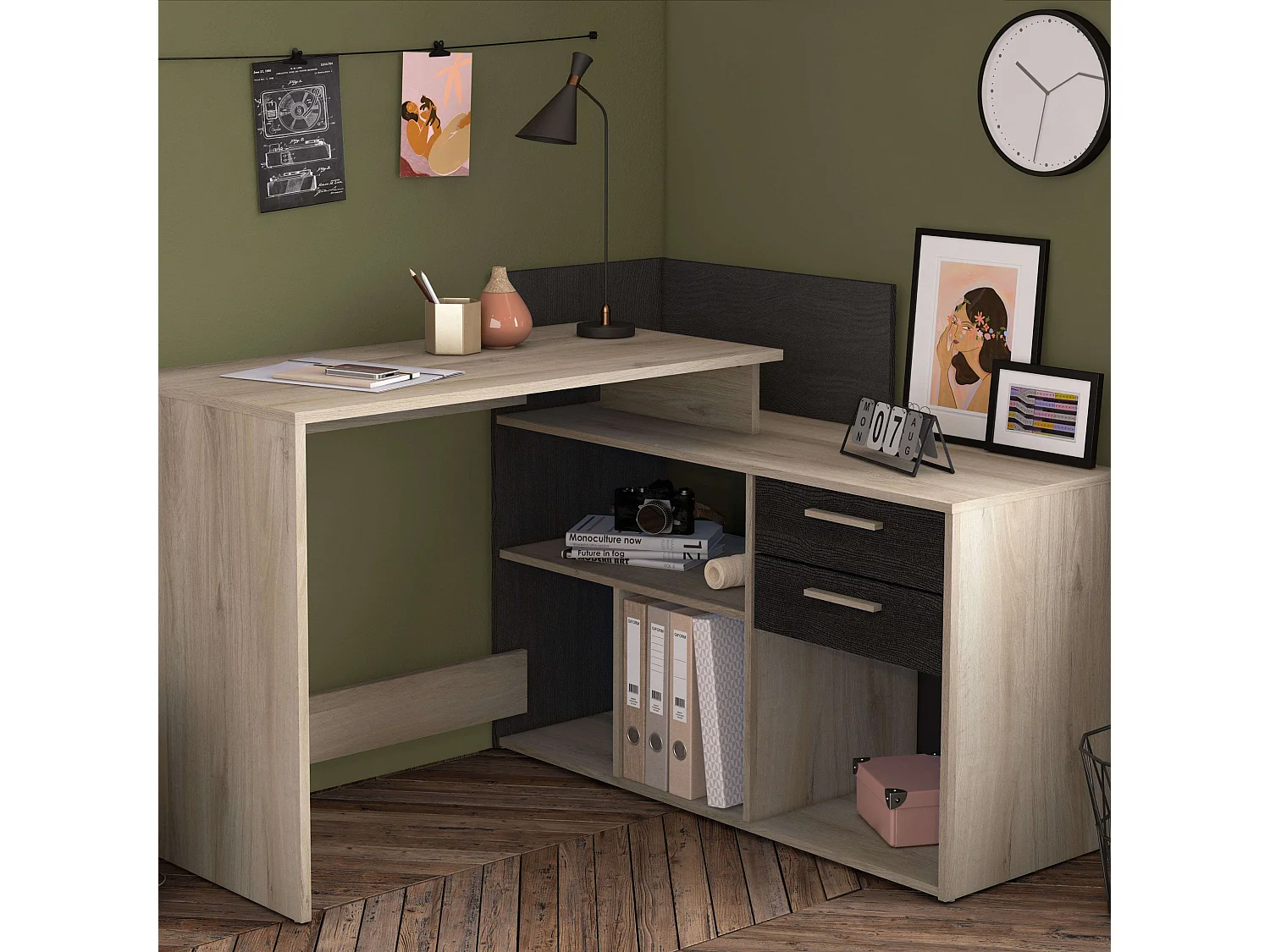 Mesa Escritorio Reversible Melamina Roble/Negro 121cm Estilo Moderno