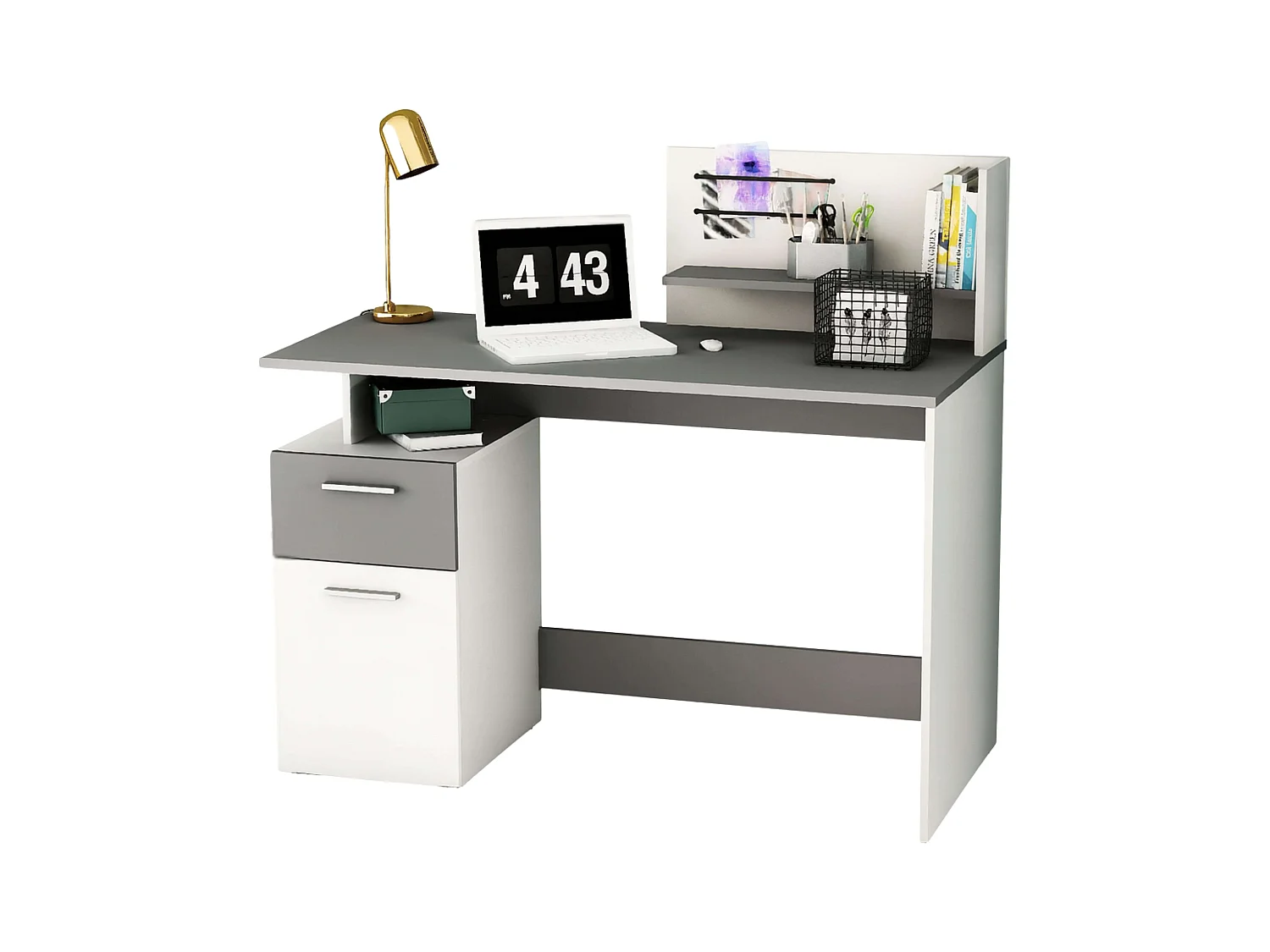 Bureau multimédia Plato blanc et gris foncé 122 cm