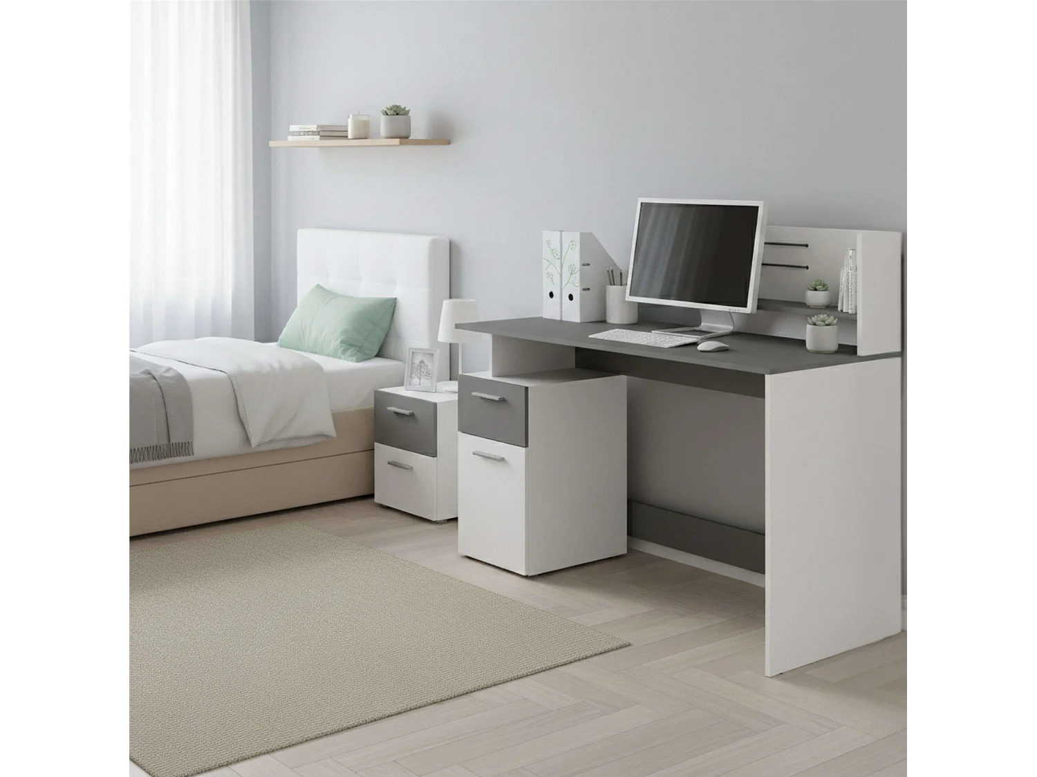 Bureau multimédia Plato blanc et gris foncé 122 cm