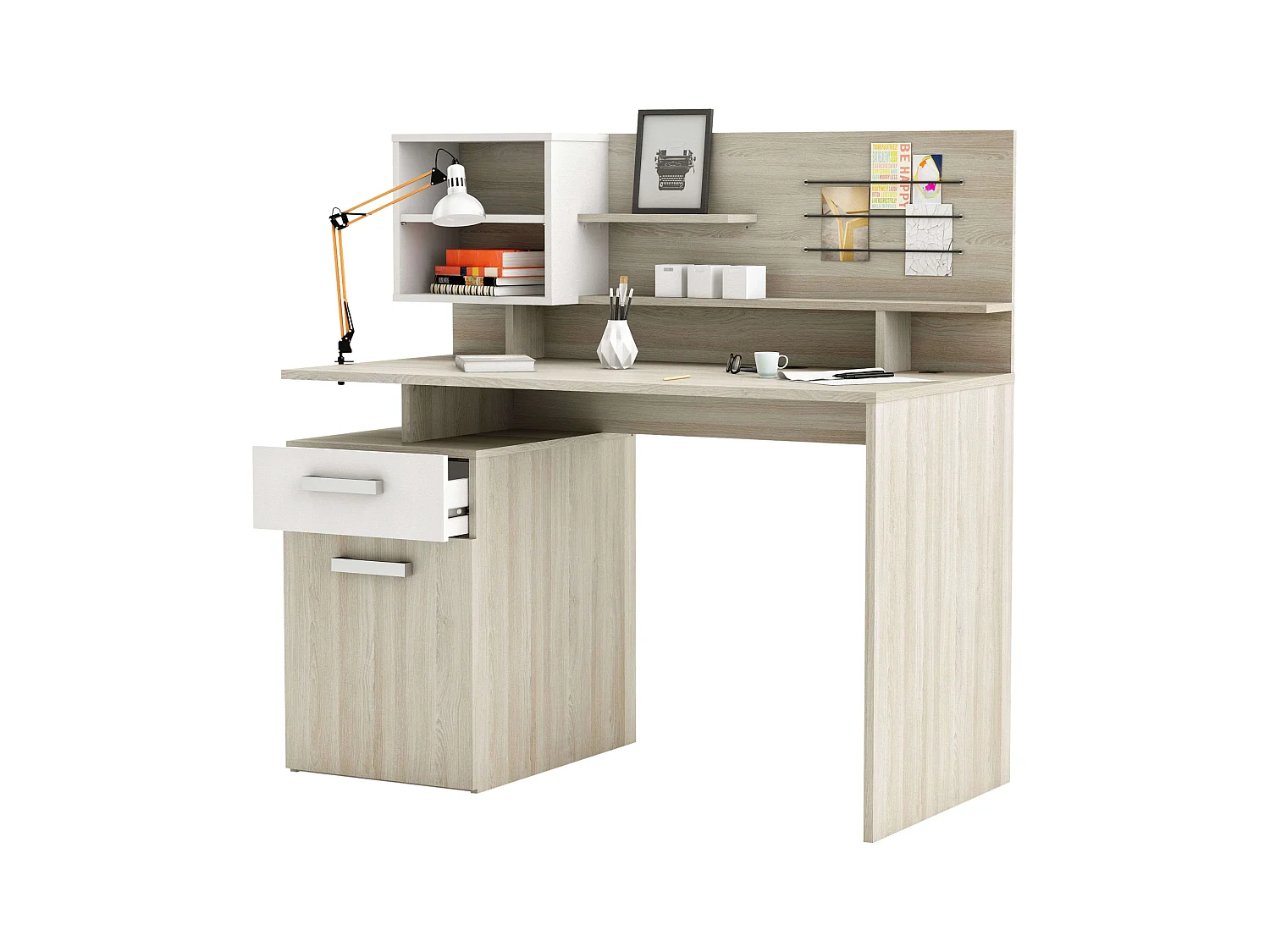 Escritorio Malicia Altillo y Cajón Roble Blanco Mate 122x123x60 cm