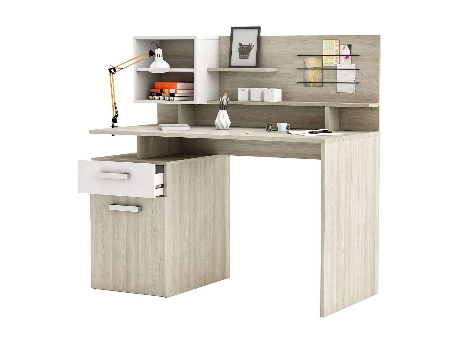 Escritorio Malicia Altillo y Cajón Roble Blanco Mate 122x123x60 cm