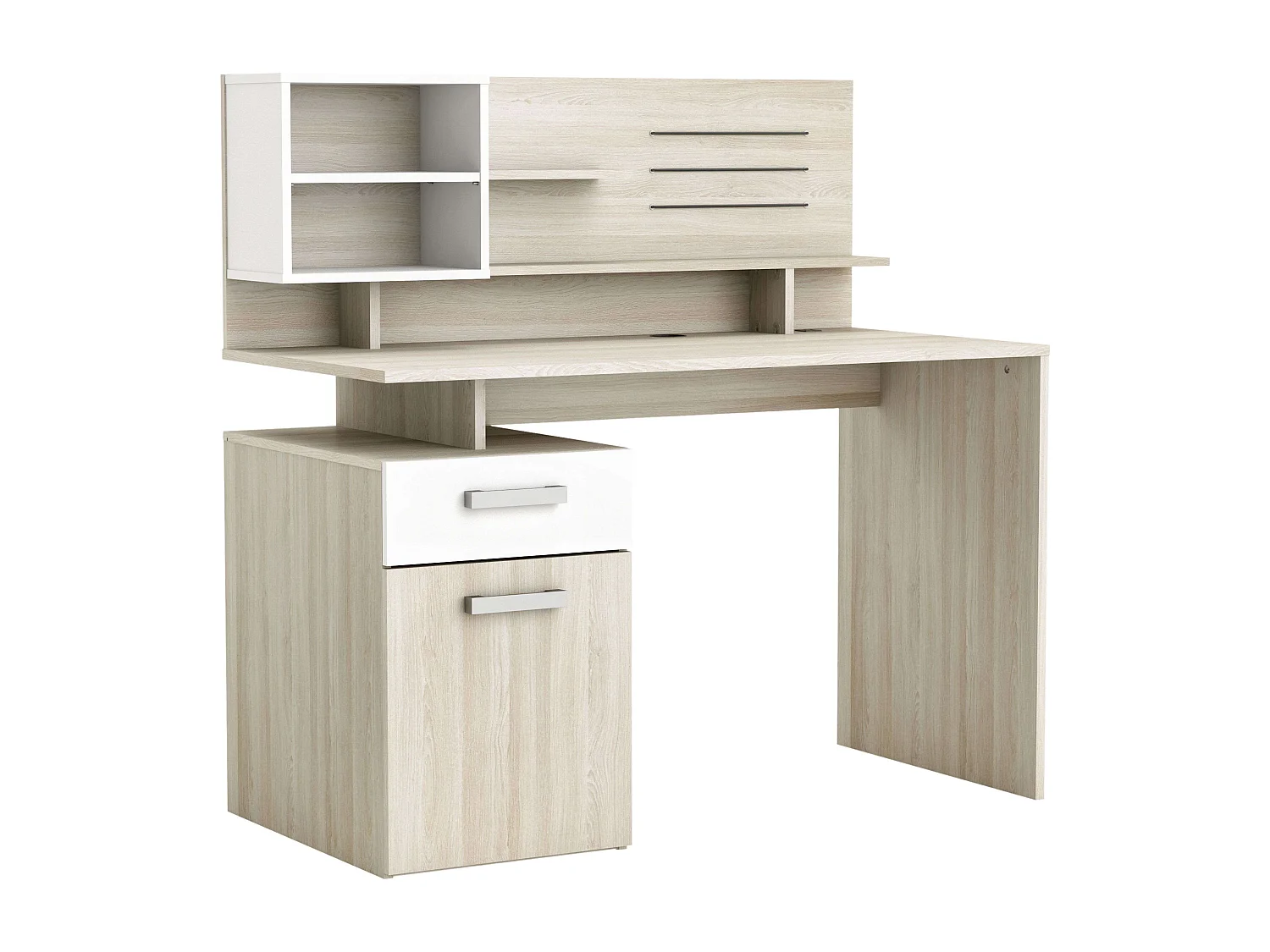 Escritorio Malicia Altillo y Cajón Roble Blanco Mate 122x123x60 cm