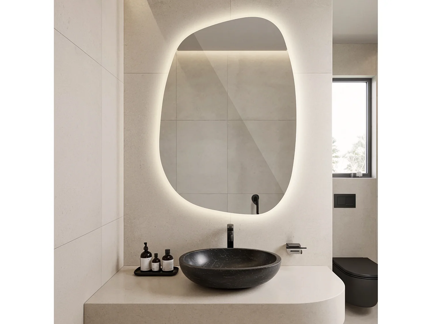 Asymmetrischer Spiegel beleuchtet LED, Modernes Design mit warmweißer Beleuchtung, 90x66 cm, Tulup