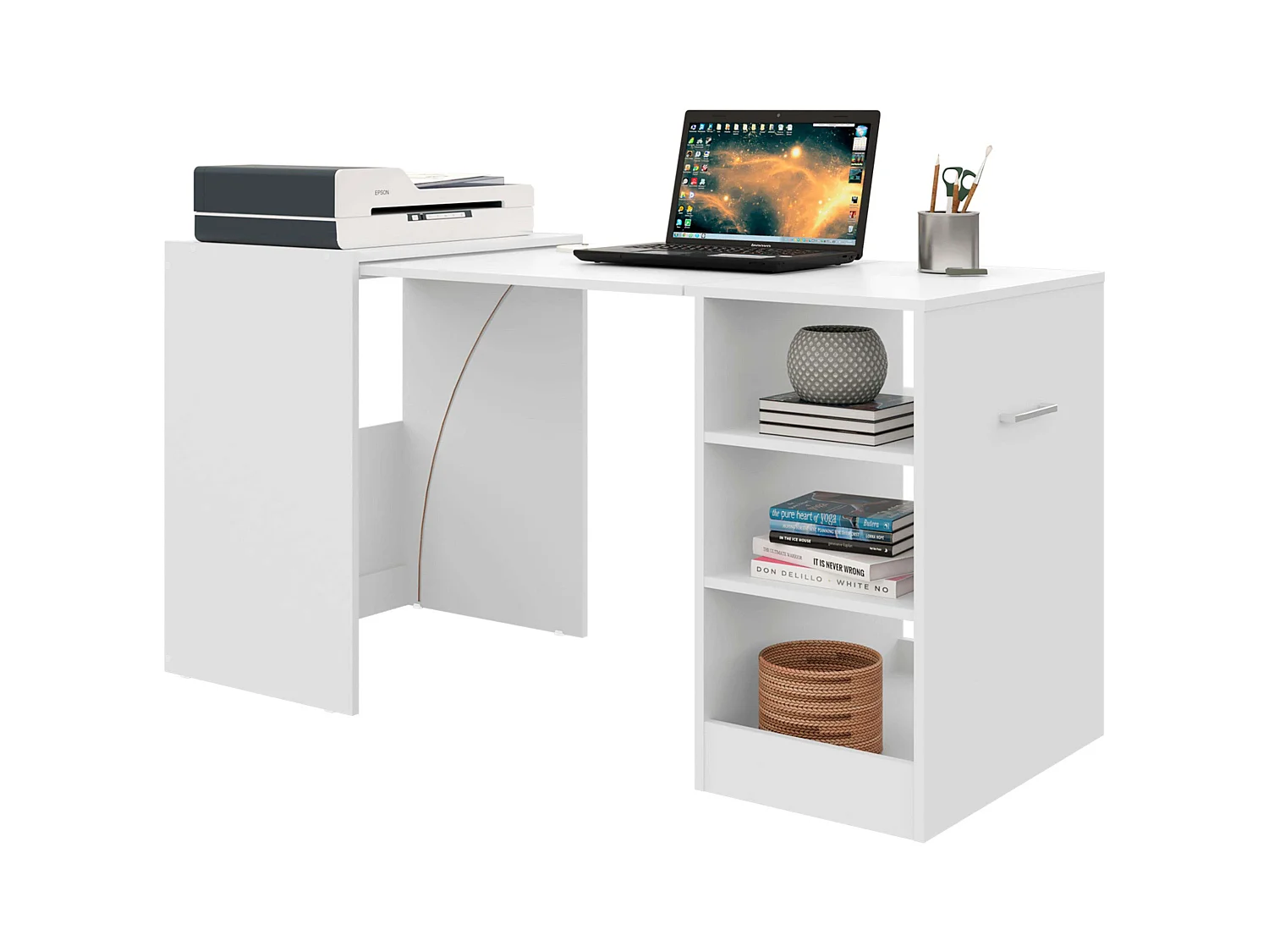 Bureau Ashe, 3 étagères, mélaminé blanc, 149x76x63 cm