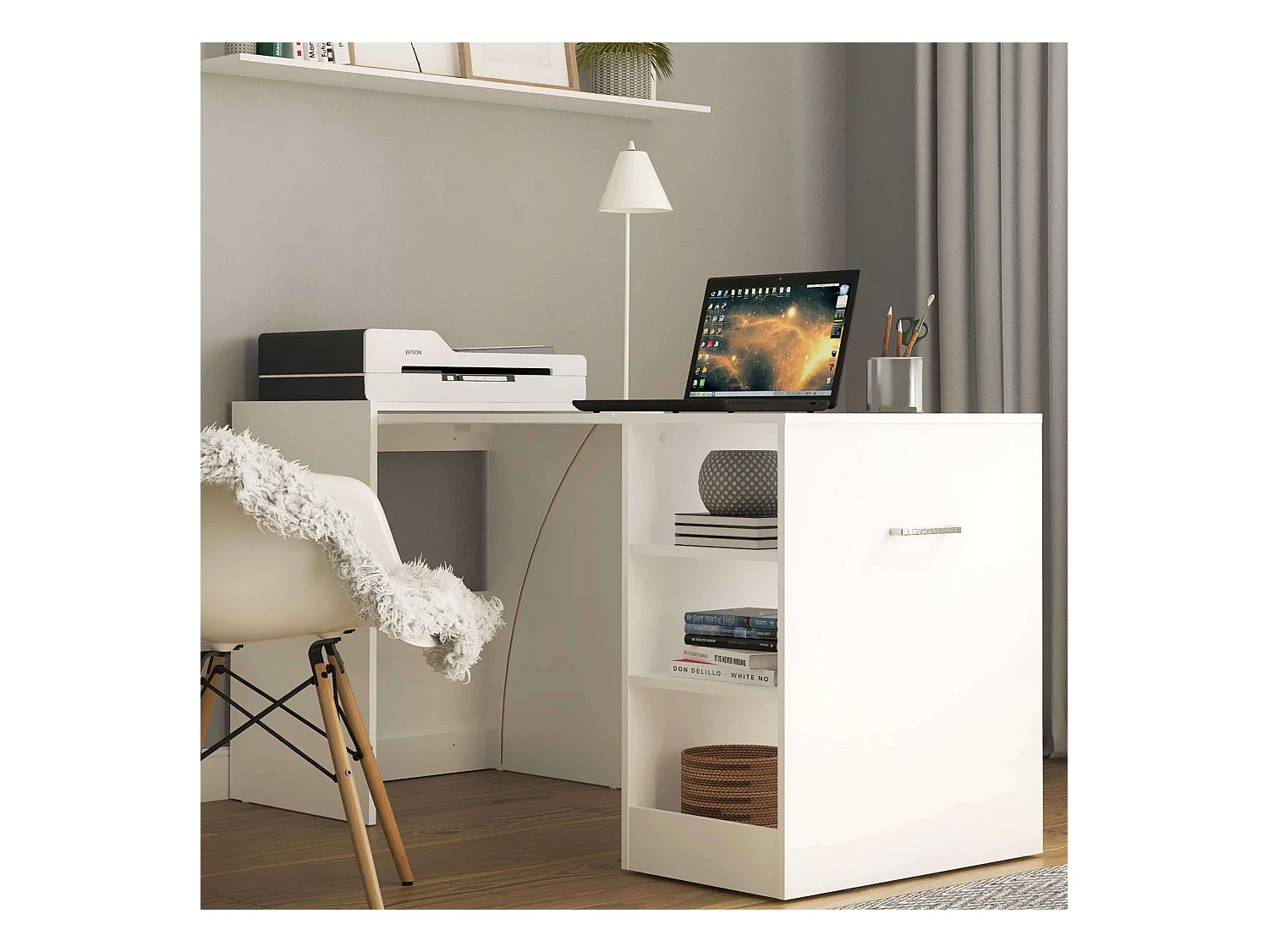 Bureau Ashe, 3 étagères, mélaminé blanc, 149x76x63 cm