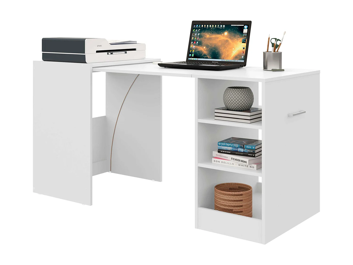 Bureau Ashe, 3 étagères, mélaminé blanc, 149x76x63 cm