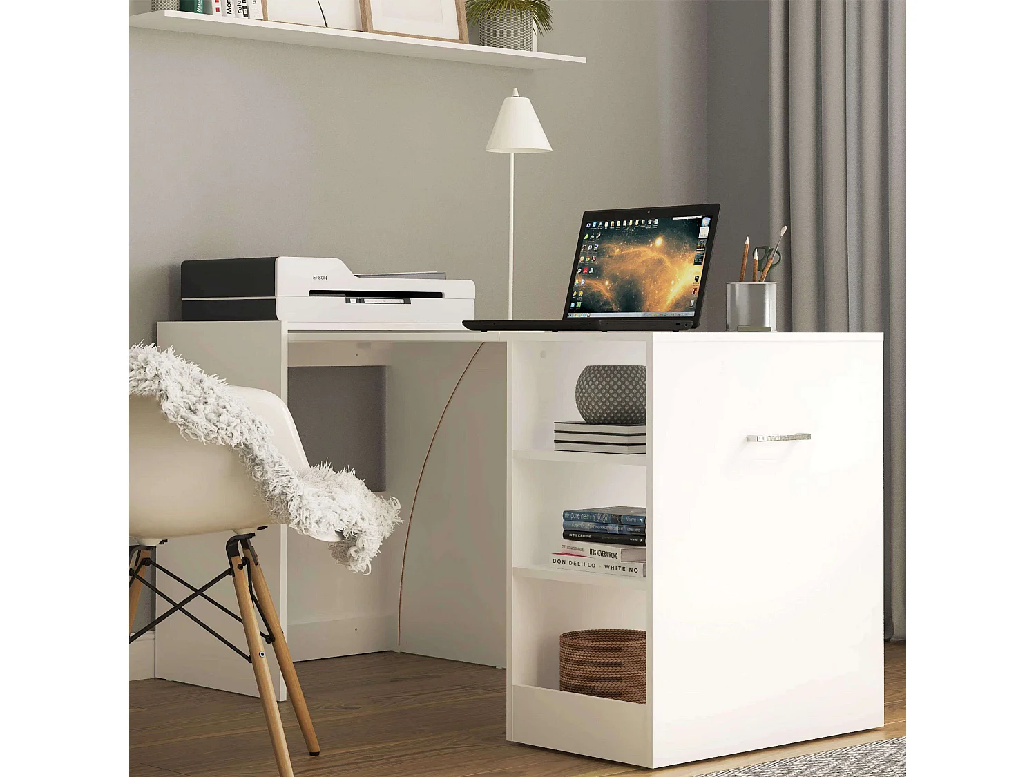 Bureau Ashe, 3 étagères, mélaminé blanc, 149x76x63 cm