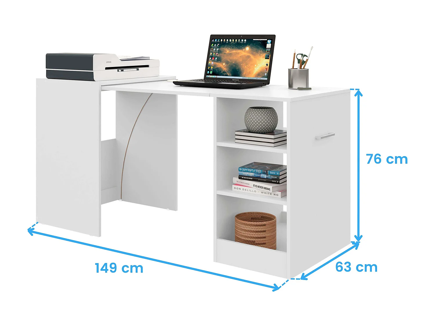 Bureau Ashe, 3 étagères, mélaminé blanc, 149x76x63 cm