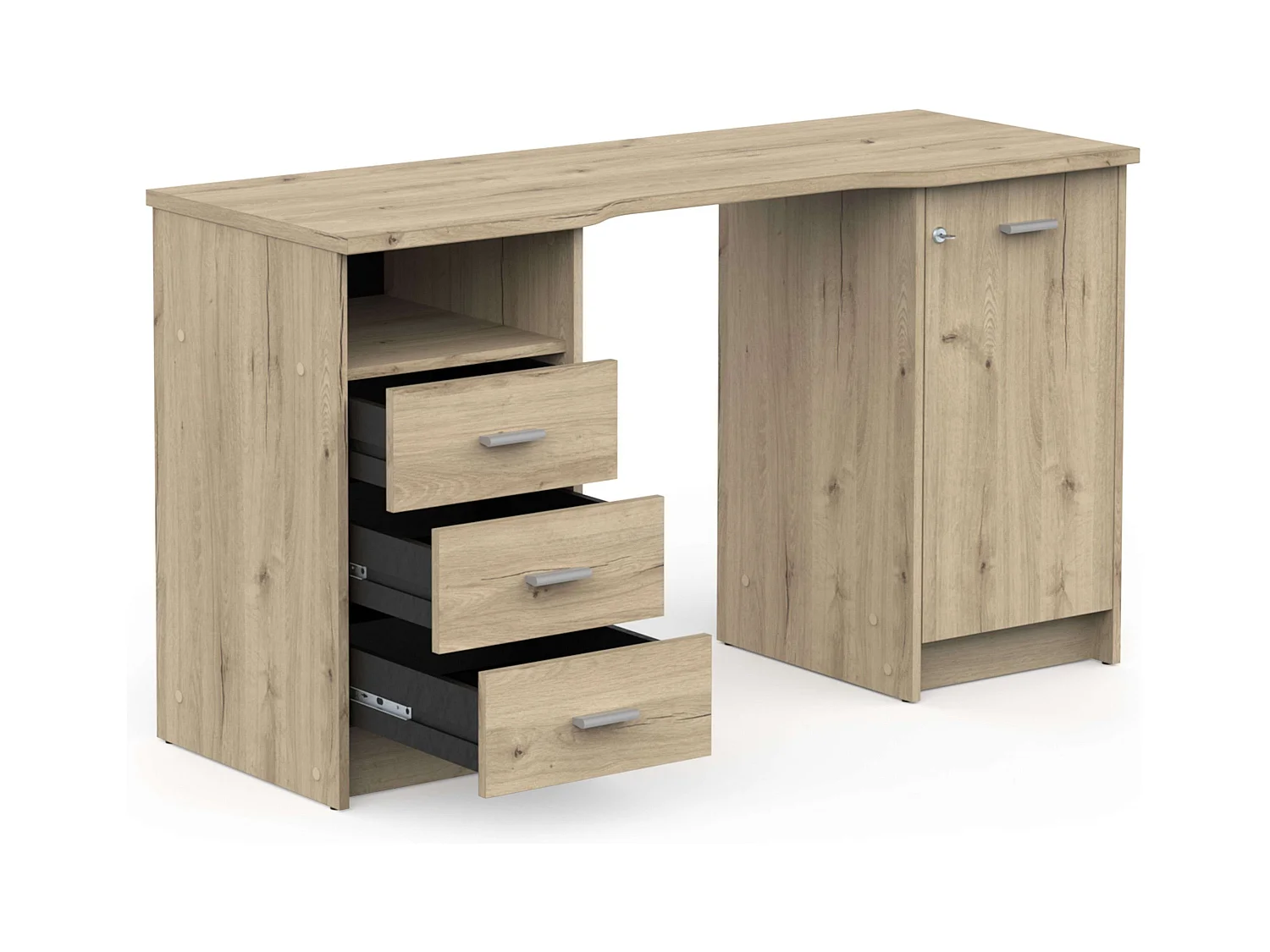 Bureau Monaco avec 3 tiroirs et 1 porte en chêne artisanal, 135 cm
