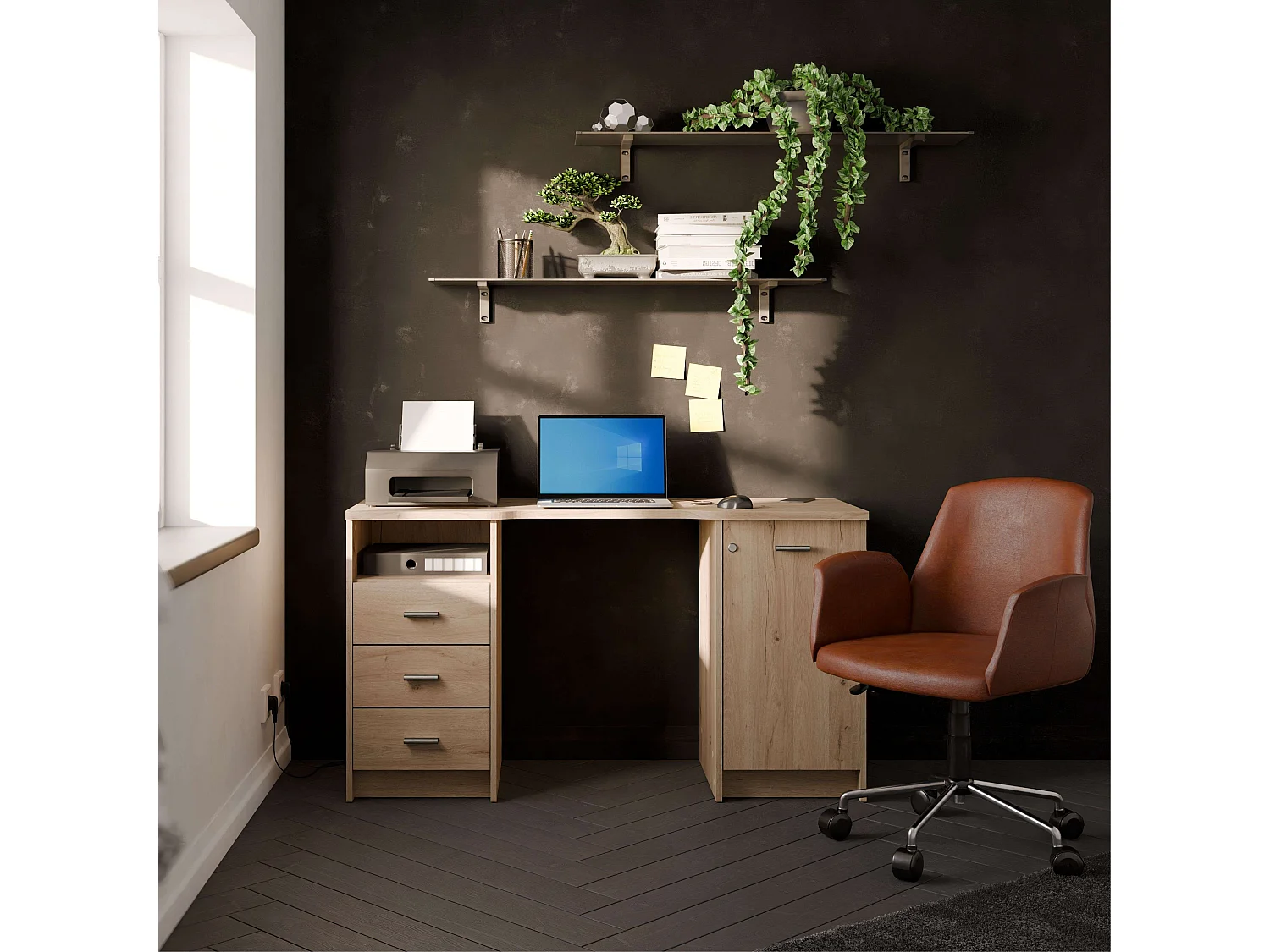 Bureau Monaco avec 3 tiroirs et 1 porte en chêne artisanal, 135 cm