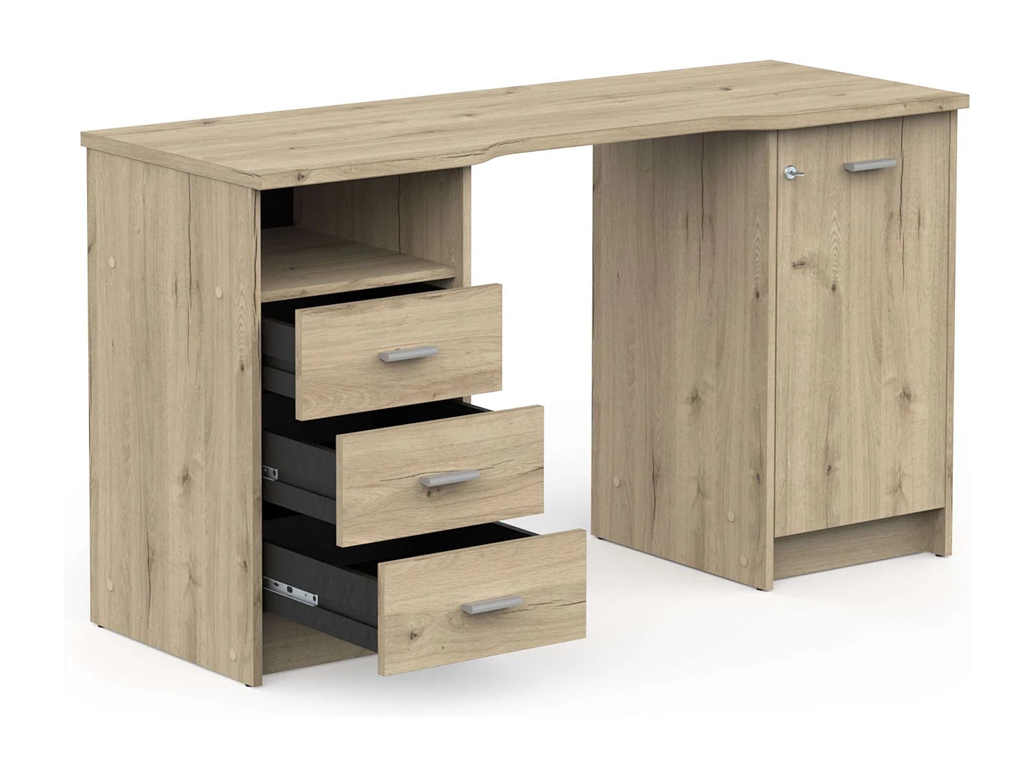 Bureau Monaco avec 3 tiroirs et 1 porte en chêne artisanal, 135 cm