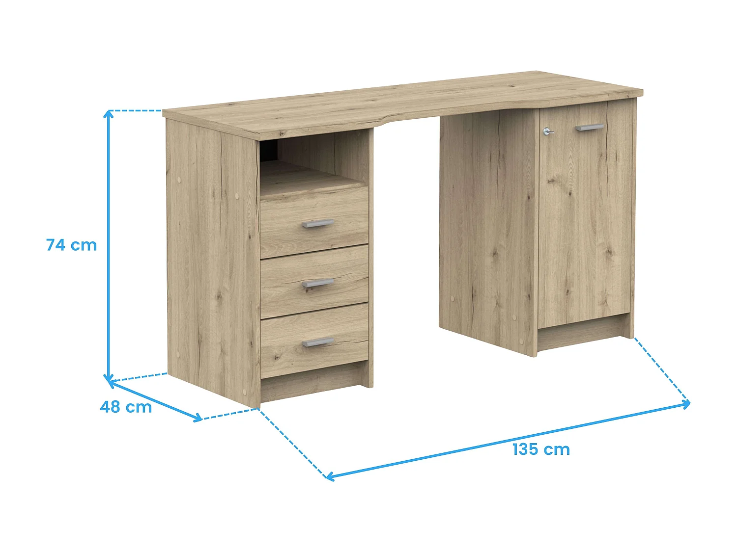 Bureau Monaco avec 3 tiroirs et 1 porte en chêne artisanal, 135 cm