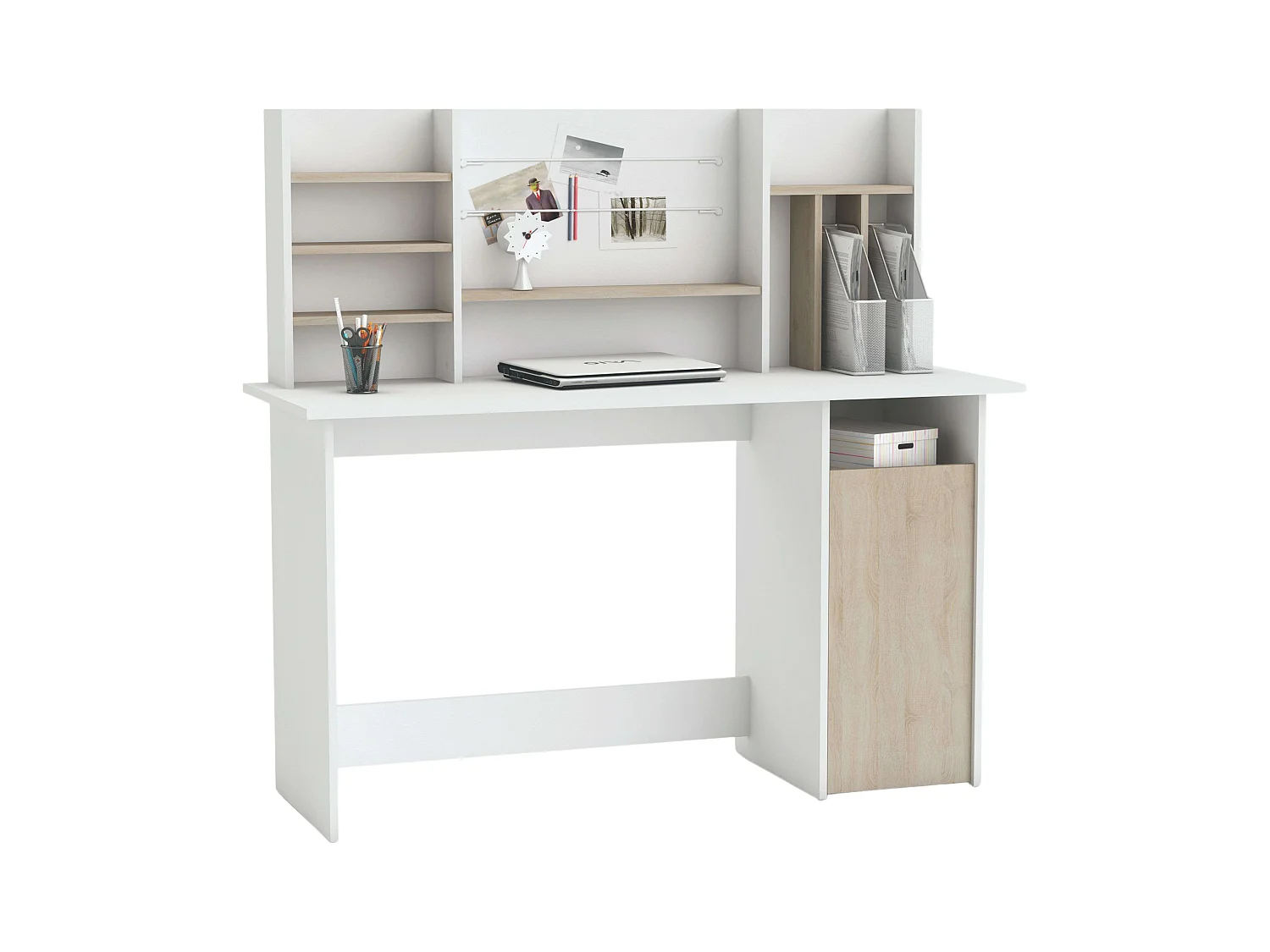 Mesa de Ordenador Escritorio con altillo 135cm. Blanco y Roble