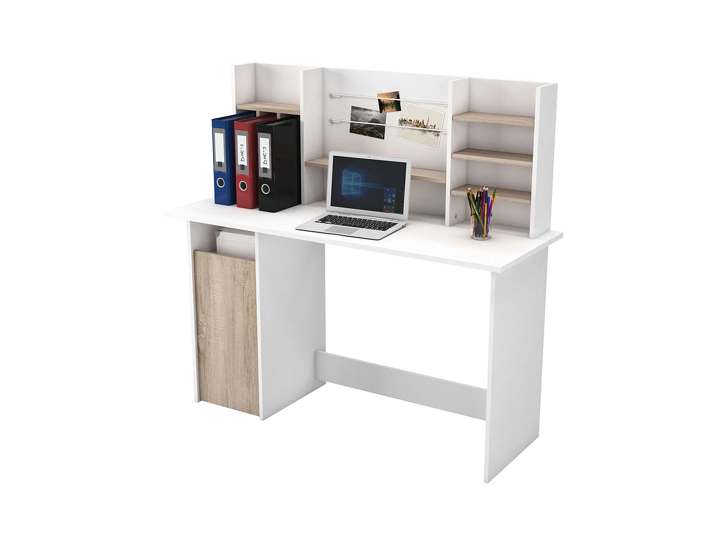 Mesa de Ordenador Escritorio con altillo 135cm. Blanco y Roble