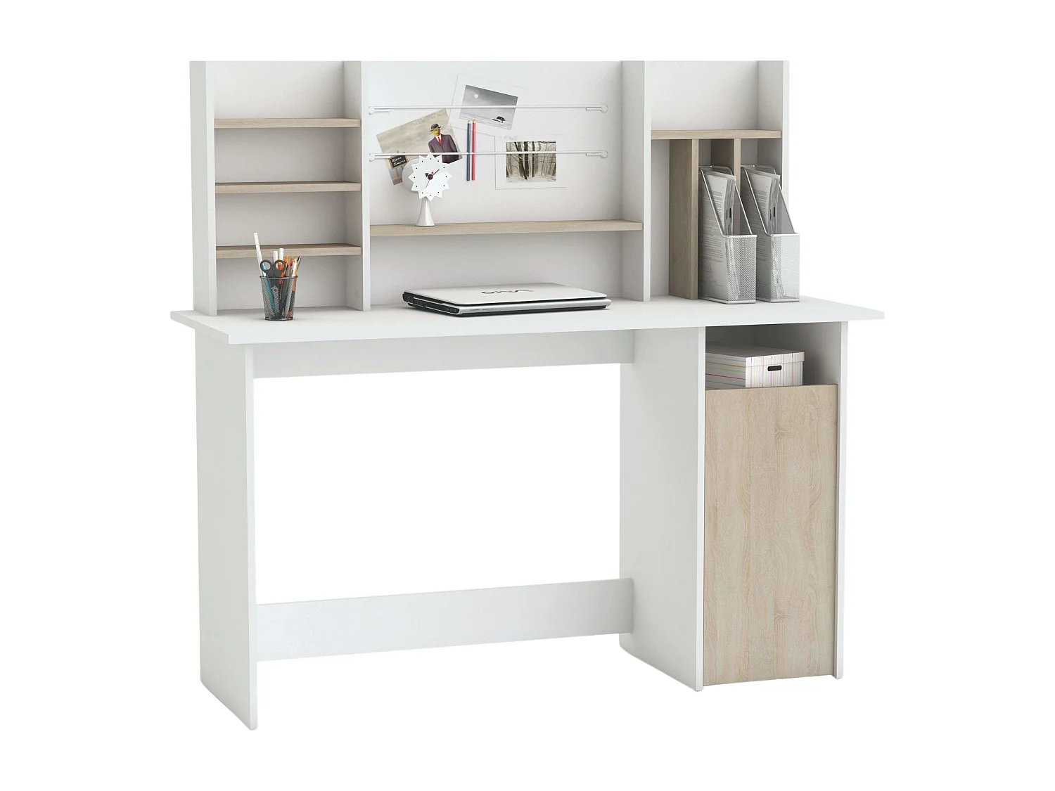 Mesa de Ordenador Escritorio con altillo 135cm. Blanco y Roble