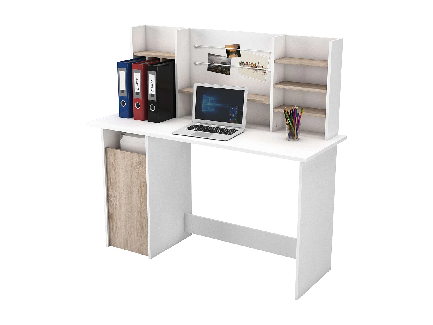 Mesa de Ordenador Escritorio con altillo 135cm. Blanco y Roble