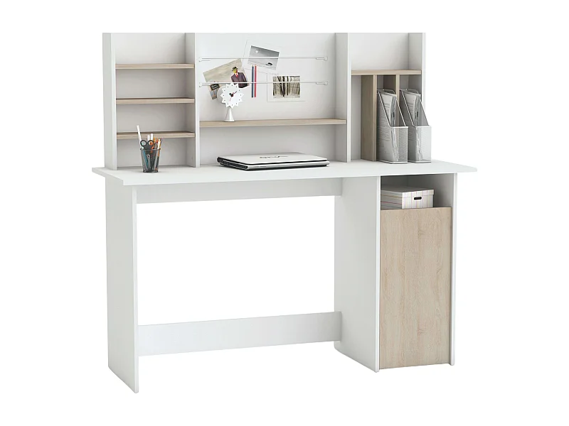 Mesa de Ordenador Escritorio con altillo 135cm. Blanco y Roble